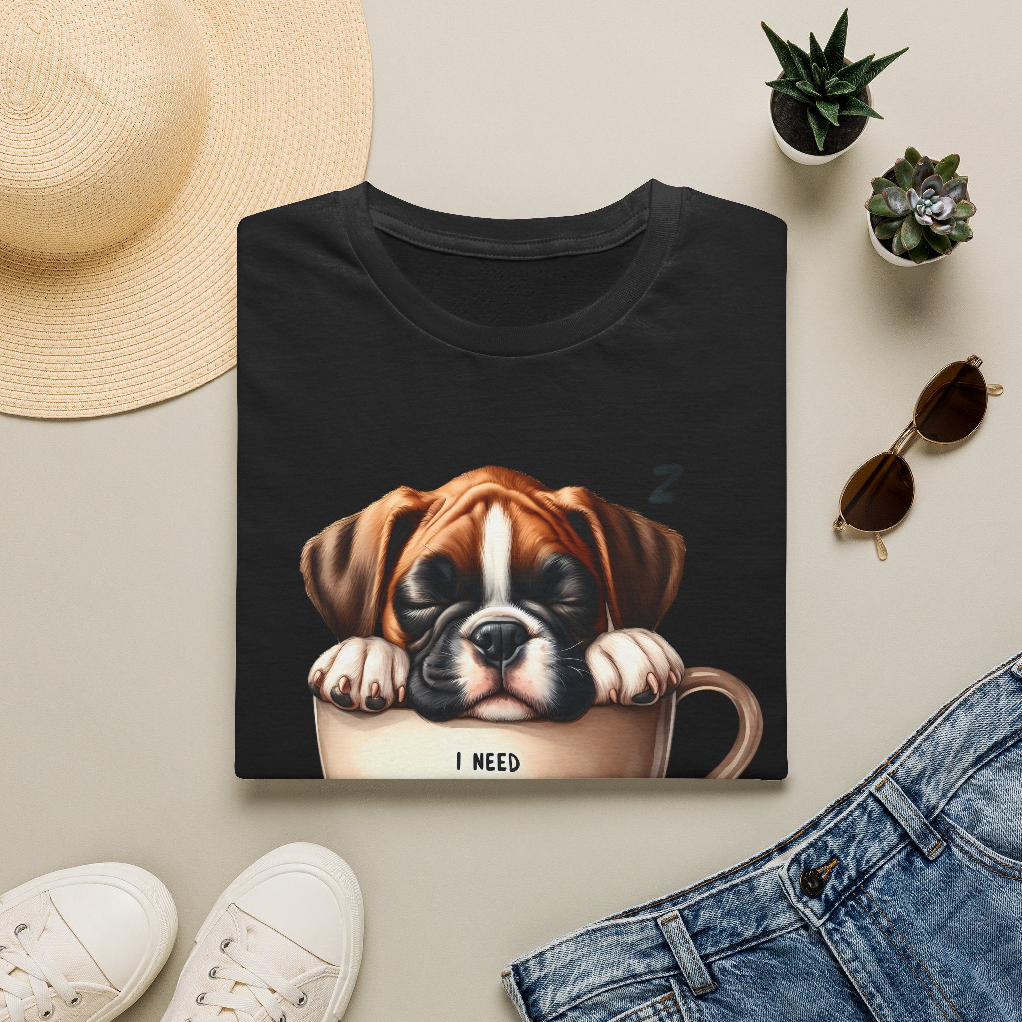 Sleeping Puppy in Coffee Cup T-Shirt | I Need Coffee Design
