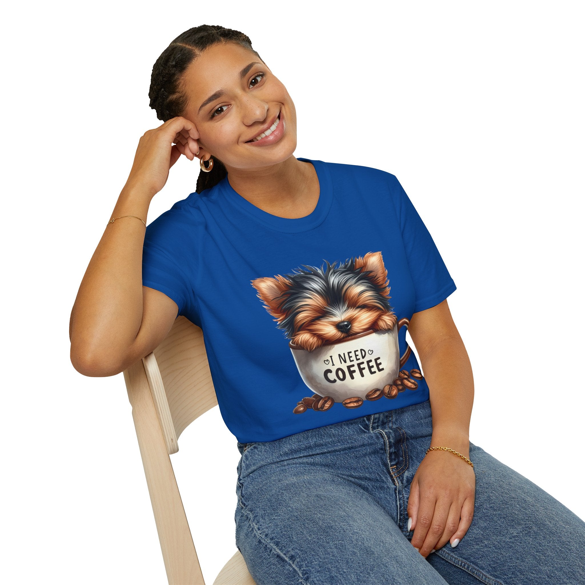 Cute Yorkie in Coffee Cup T-Shirt | I Need Coffee Puppy Graphic Tee