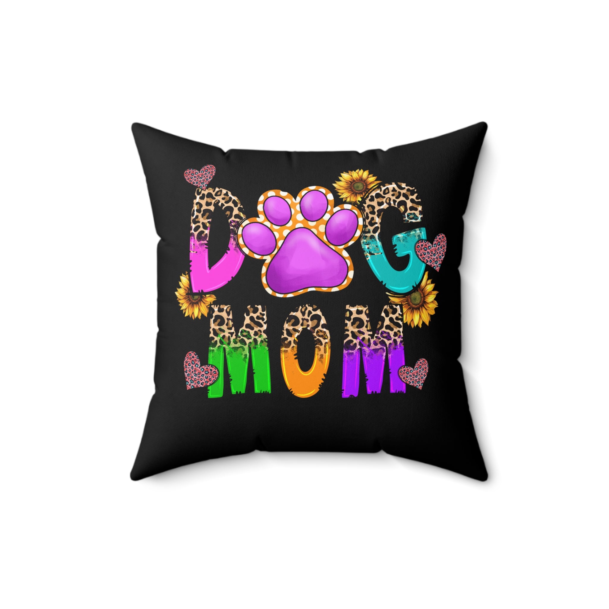 Dog Mom Paw Print Pillow | Colorful Leopard Sunflower Design