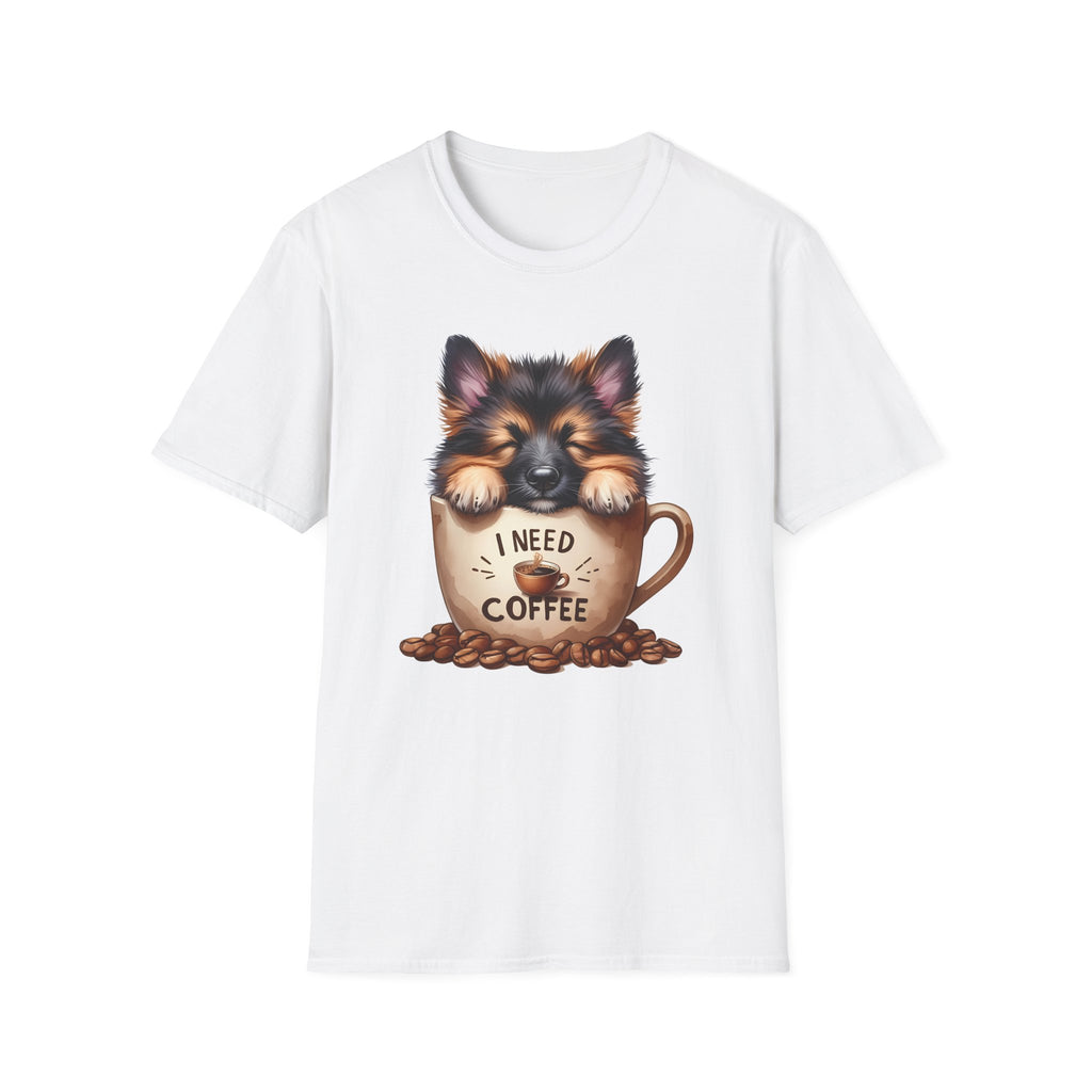 German Shepherd Puppy I Need Coffee T-Shirt | Cute Dog Coffee Design