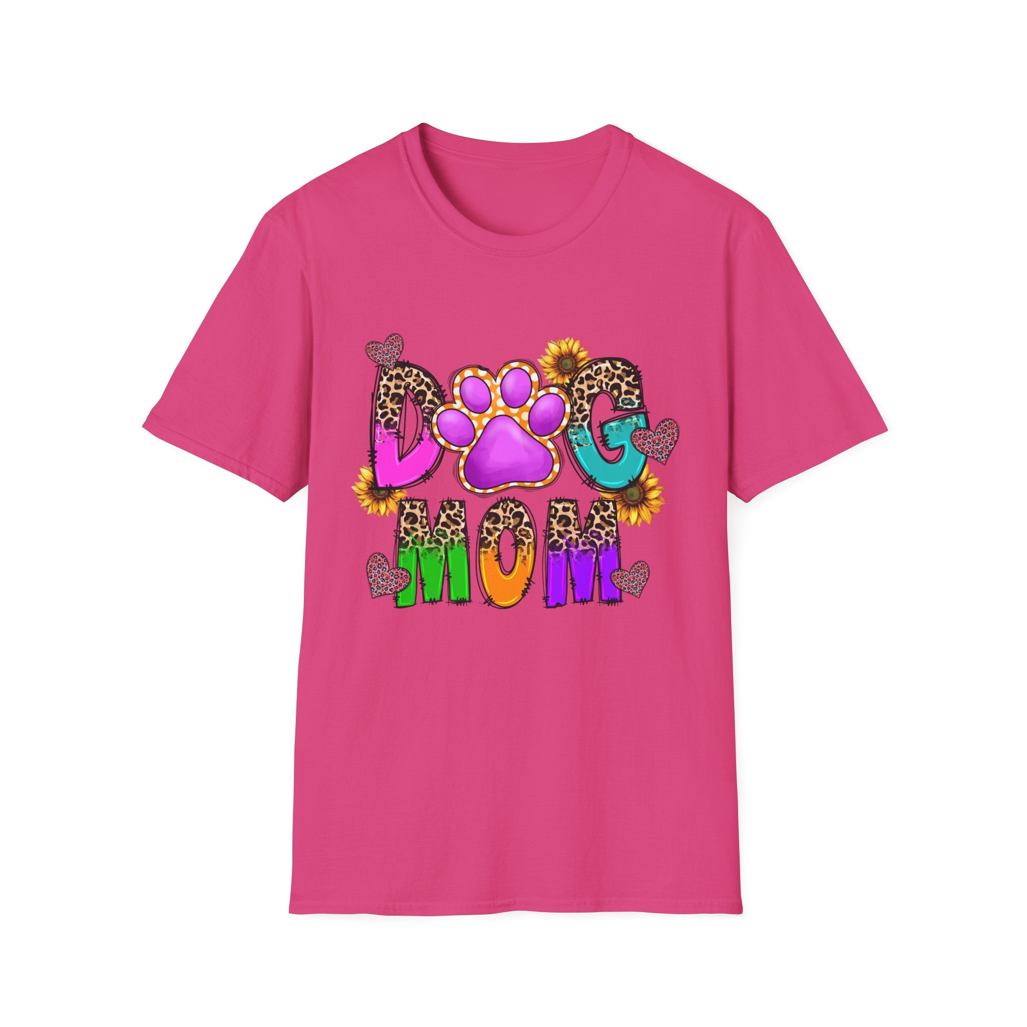 Dog Mom colorful paw print design T-Shirt | leopard hearts sunflower accents