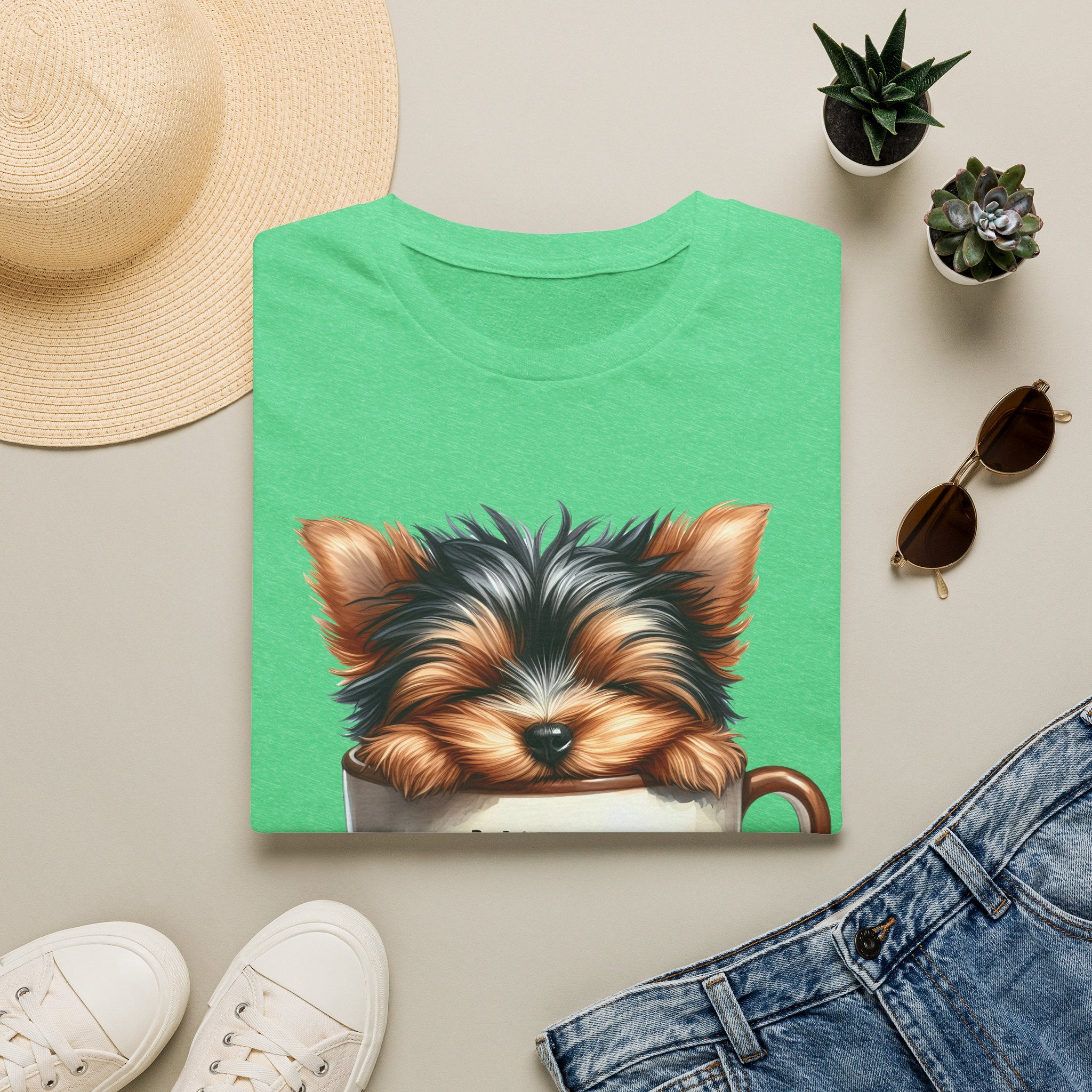 Cute Yorkie in Coffee Cup T-Shirt | I Need Coffee Puppy Graphic Tee