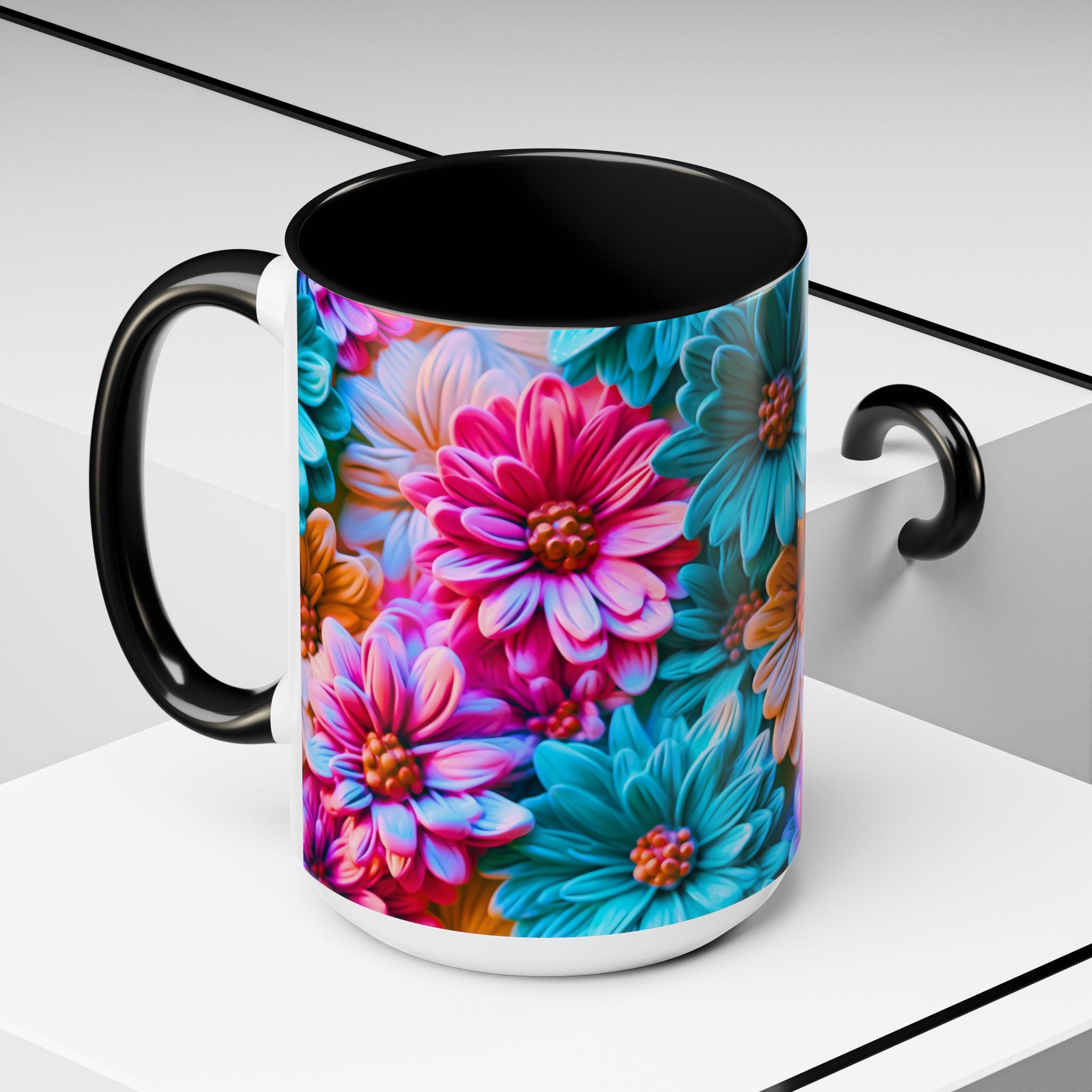 Vibrant Dahlia Floral Accent Mug | 11oz 15oz Ceramic Coffee Mug