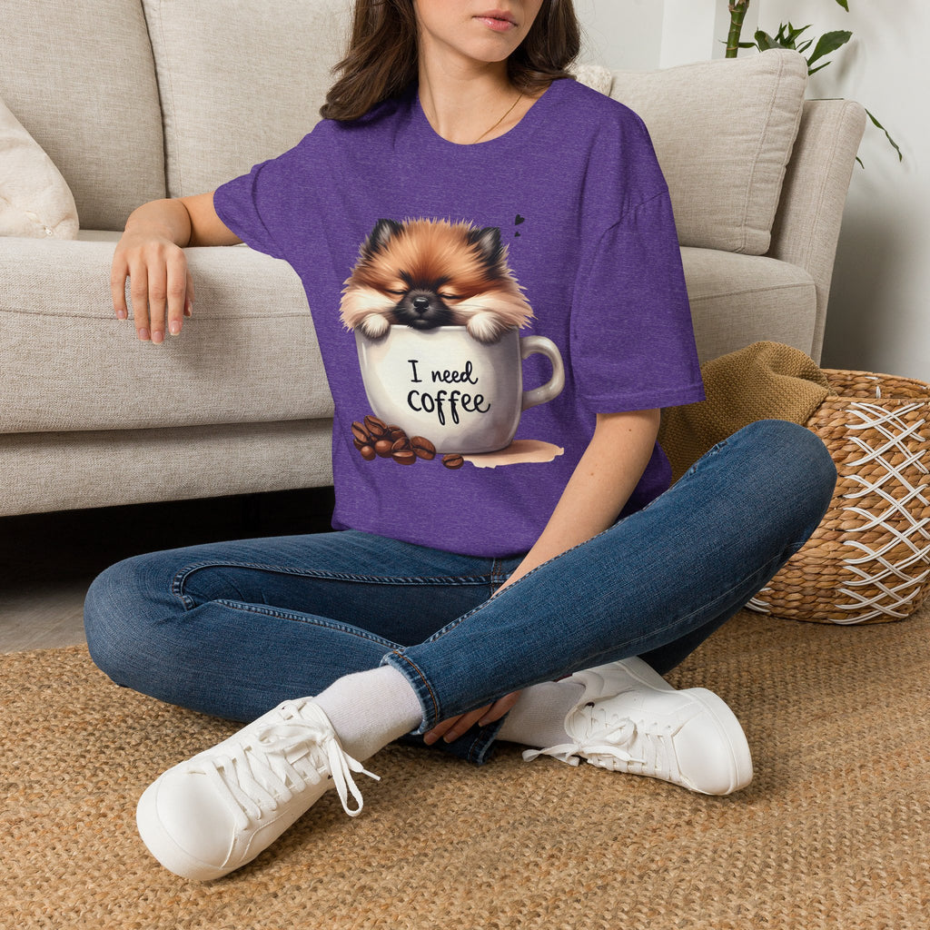 Cute Pomeranian in Coffee Mug T-Shirt | I Need Coffee, Dog Coffee Tee