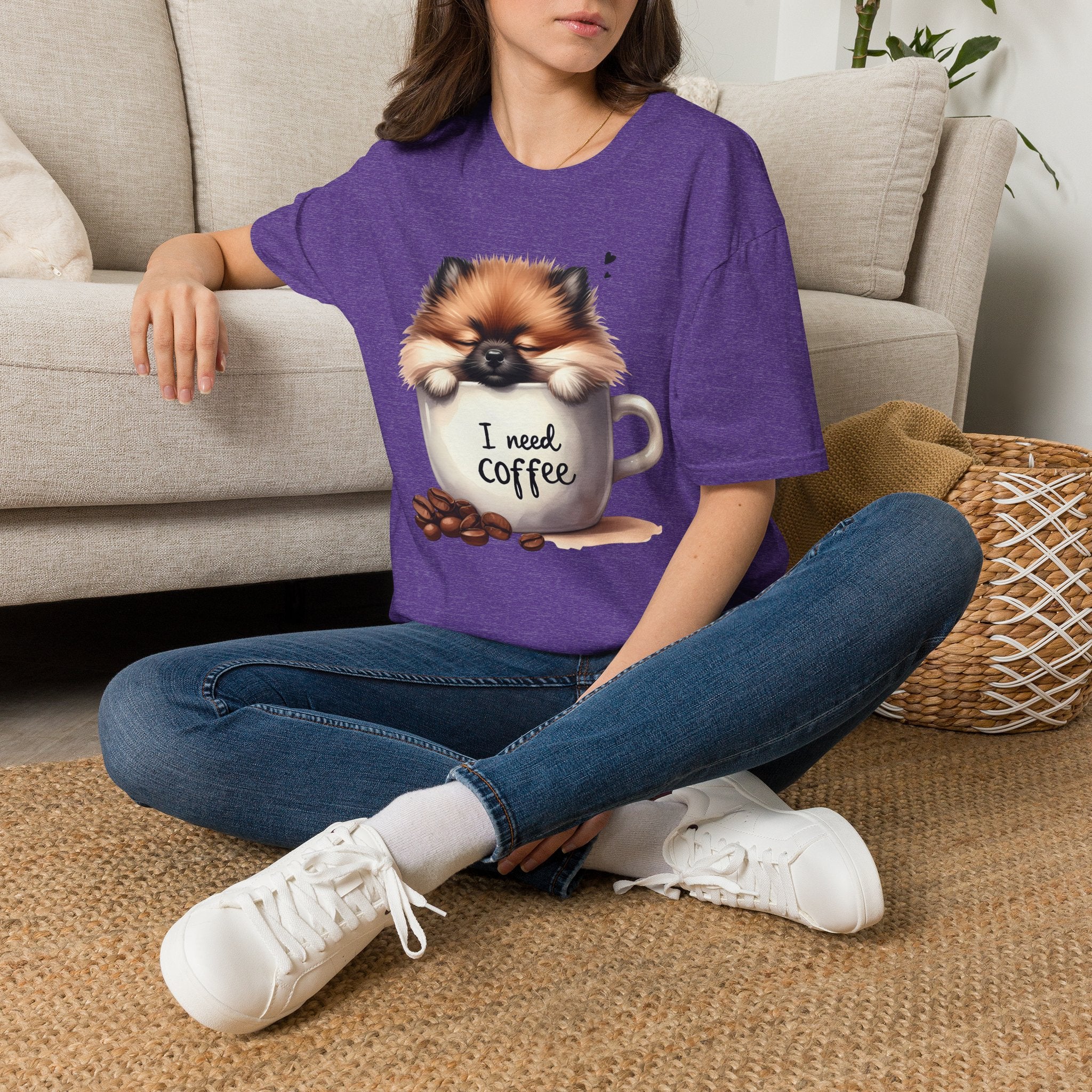 Cute Pomeranian in Coffee Mug T-Shirt | I Need Coffee, Dog Coffee Tee