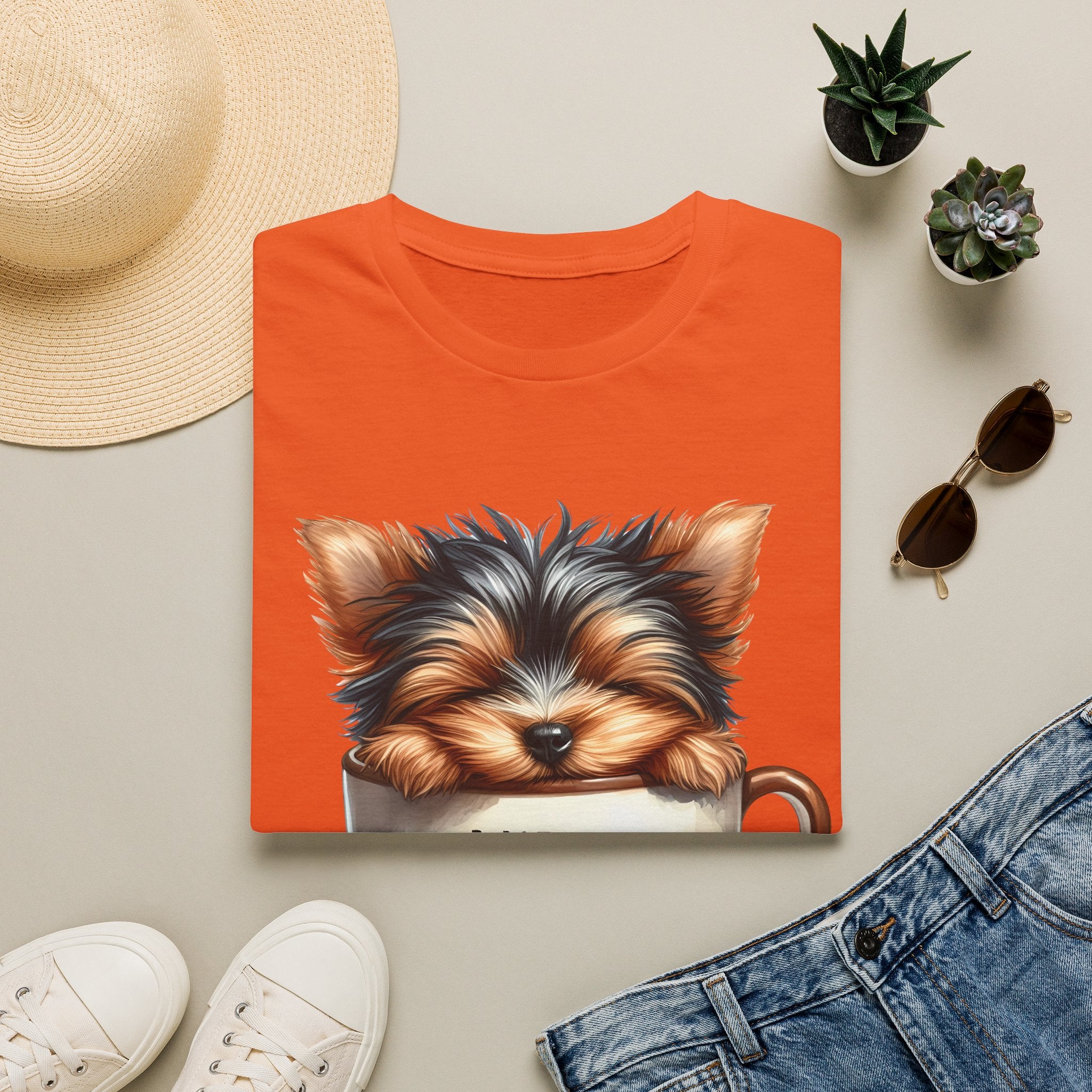 Cute Yorkie in Coffee Cup T-Shirt | I Need Coffee Puppy Graphic Tee