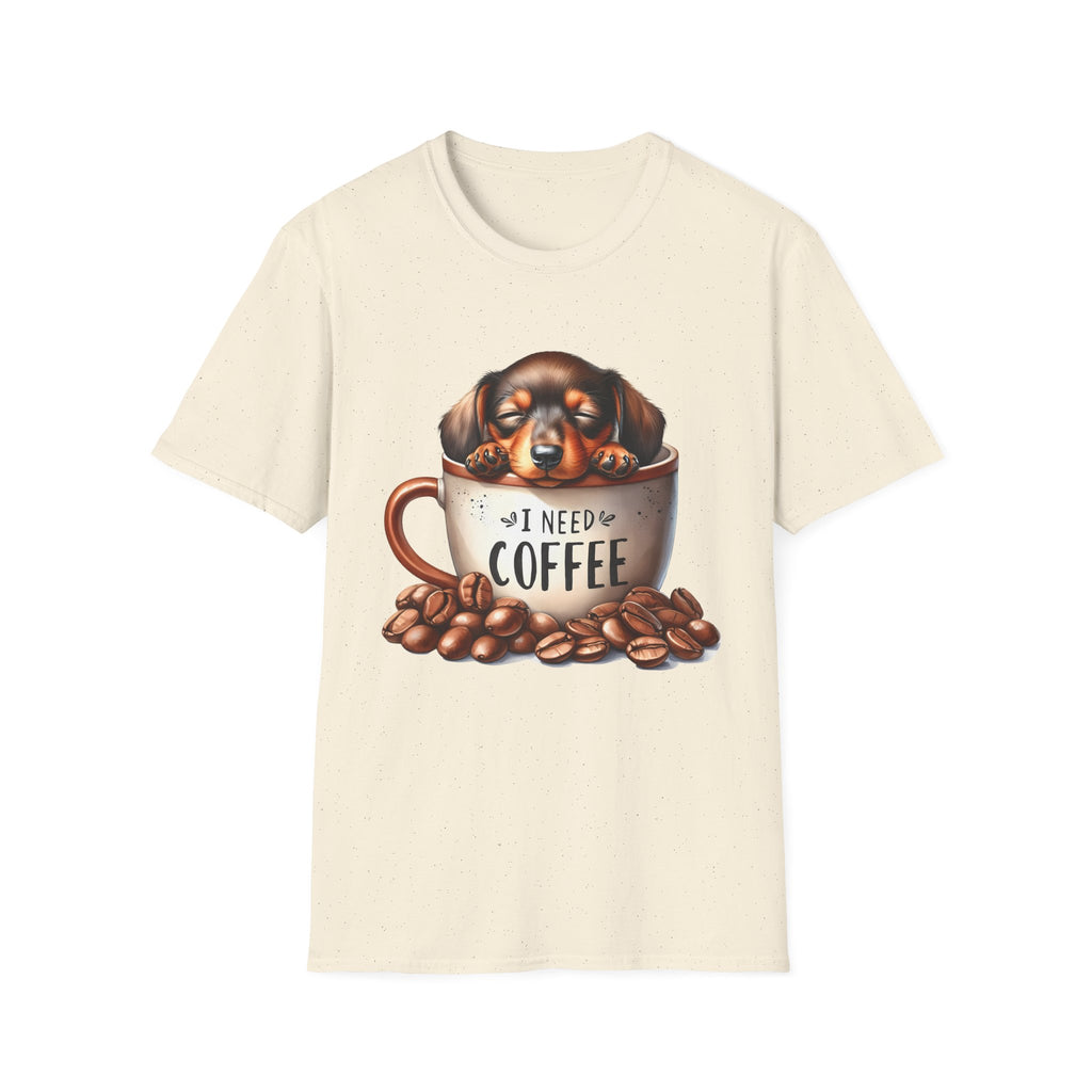 Sleepy Dachshund in Coffee Cup T-Shirt | I Need Coffee, Coffee Beans