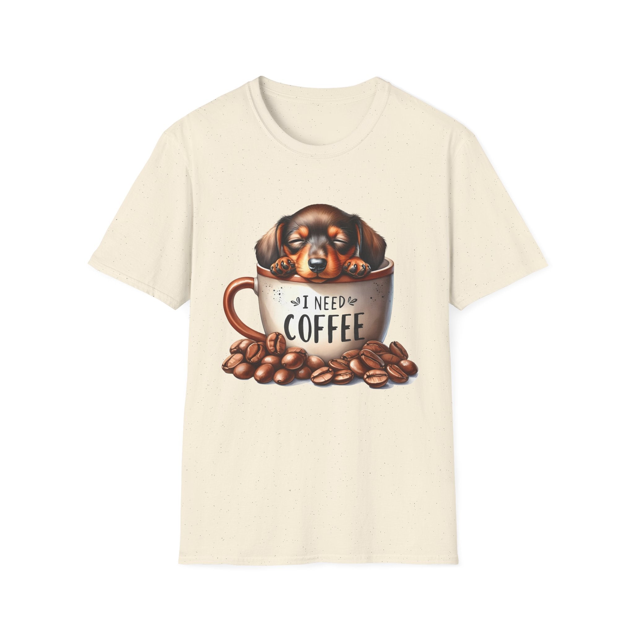 Sleepy Dachshund in Coffee Cup T-Shirt | I Need Coffee, Coffee Beans