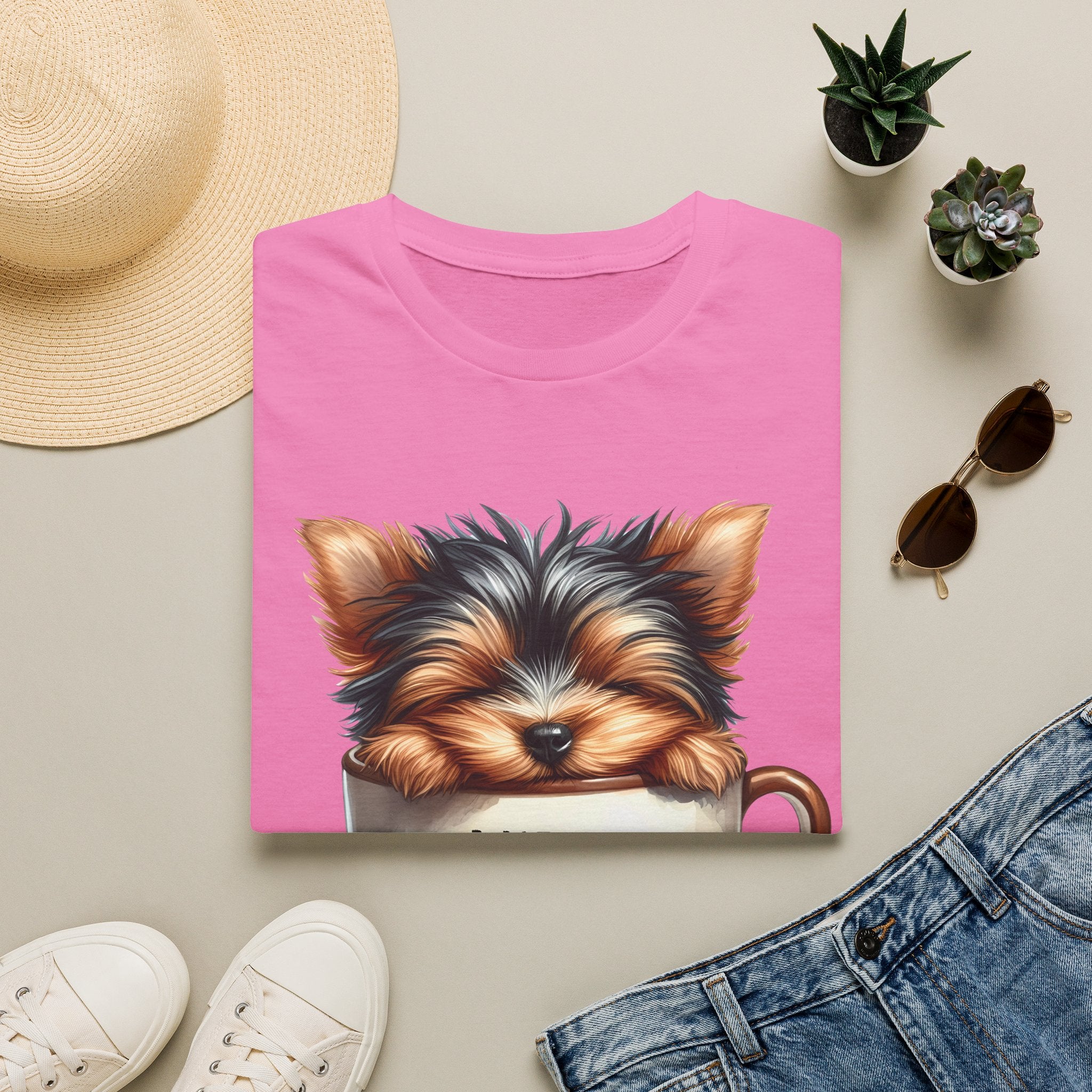 Cute Yorkie in Coffee Cup T-Shirt | I Need Coffee Puppy Graphic Tee