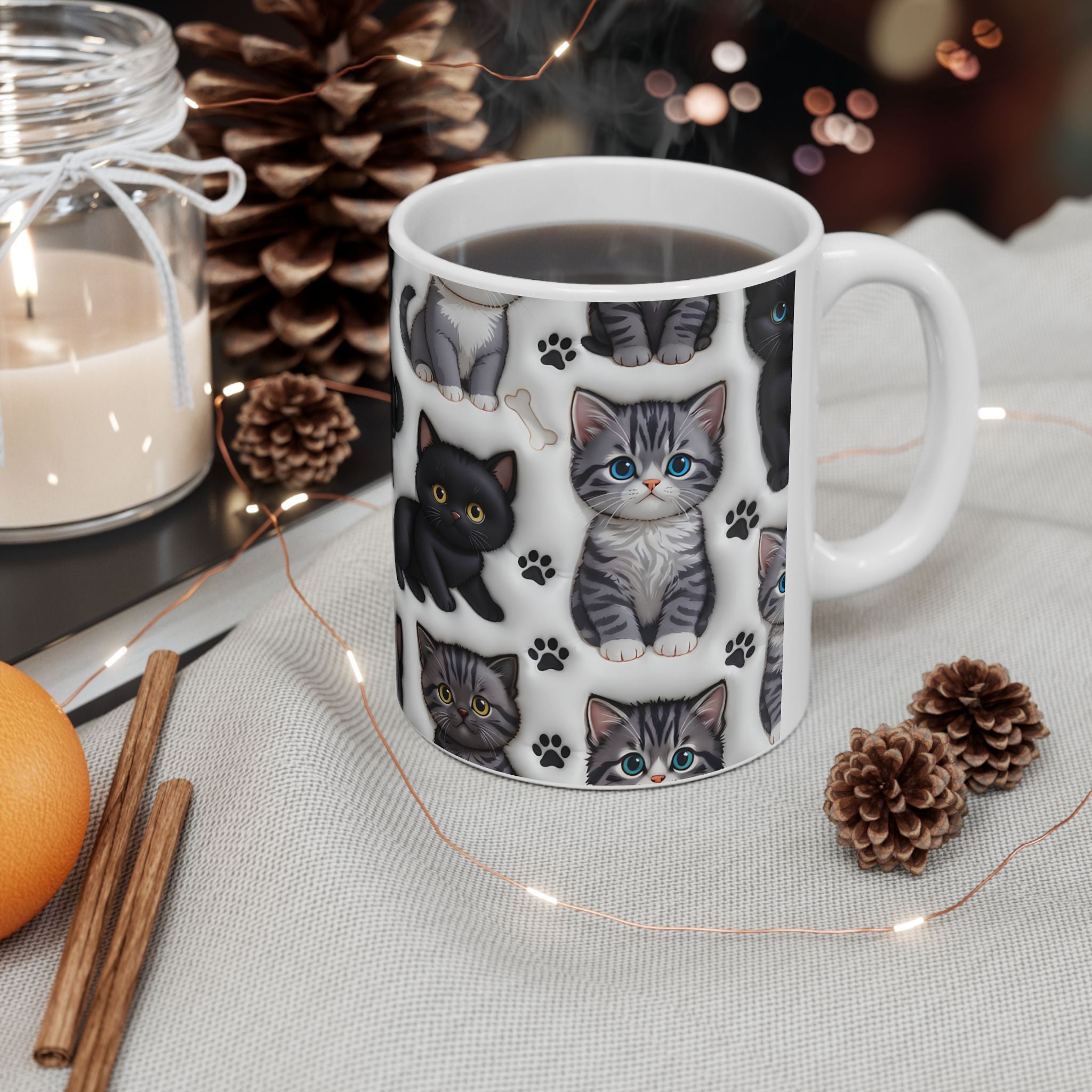 Cute Black and Tabby Kittens Mug | Ceramic Cat Pattern Mug