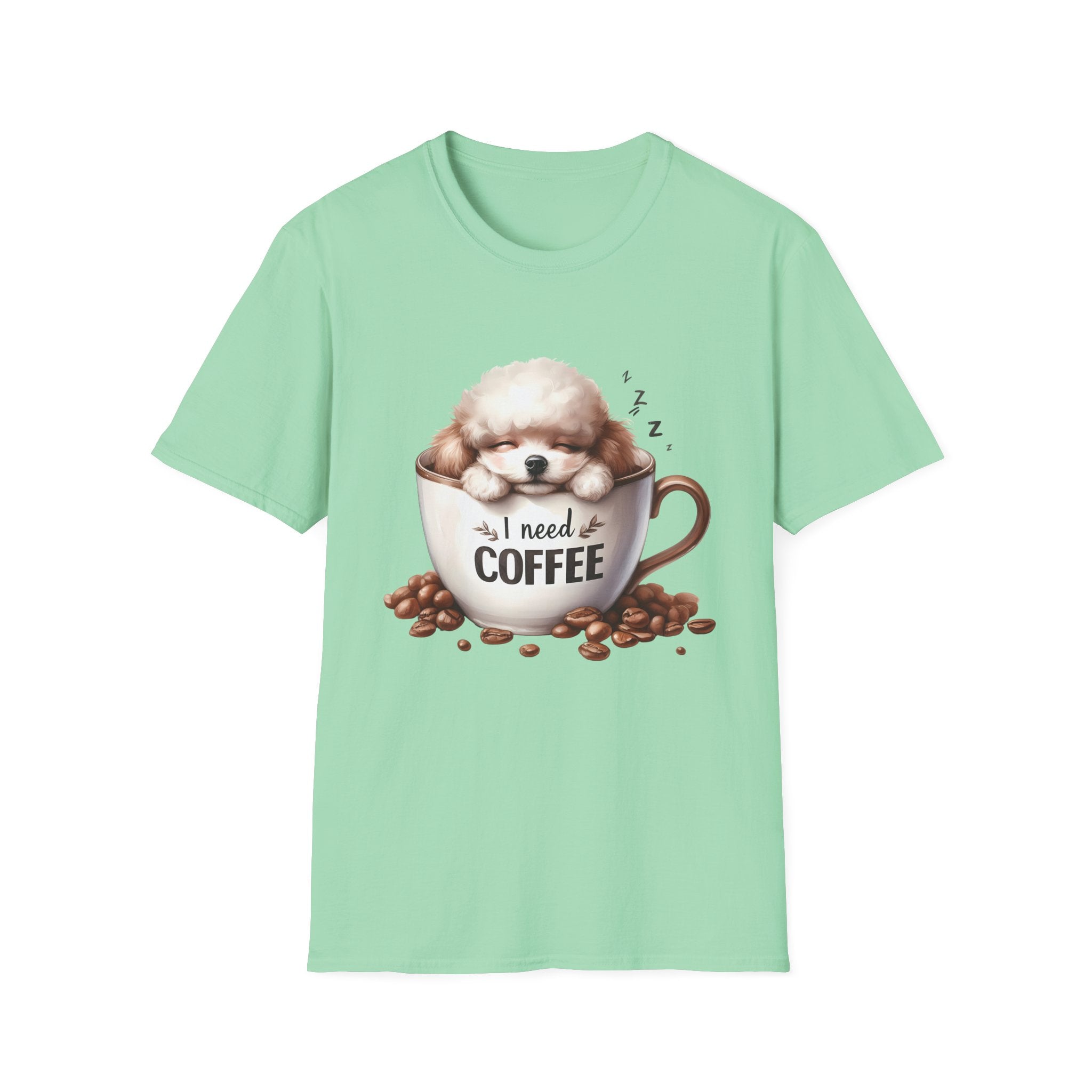 Sleeping Puppy in Coffee Cup T-Shirt | I Need Coffee Dog Design