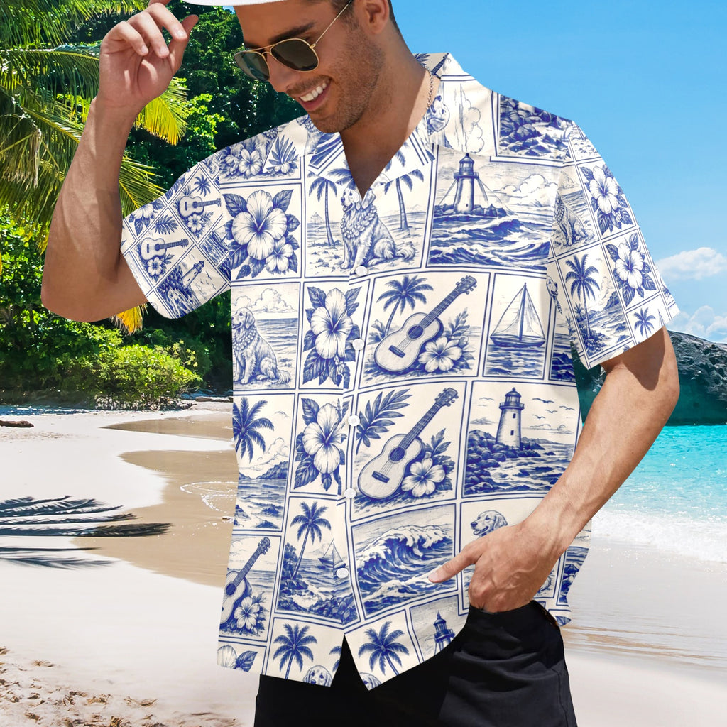 Golden Retriever Dog Style Surf Men's All Over Print Hawaiian Shirt Made In USA Ships to USA Only