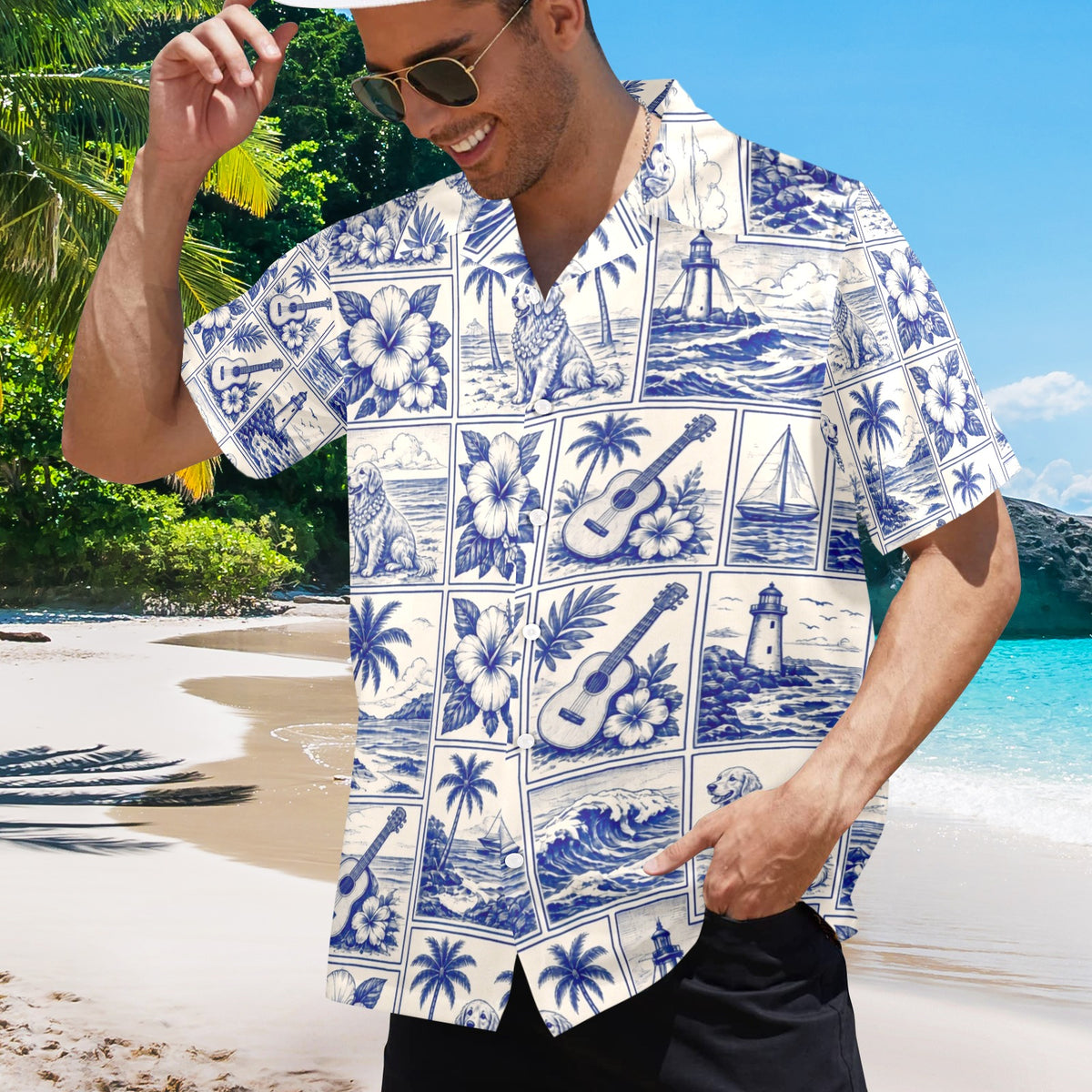 Golden Retriever Dog Style Surf Men's All Over Print Hawaiian Shirt Made In USA Ships to USA Only