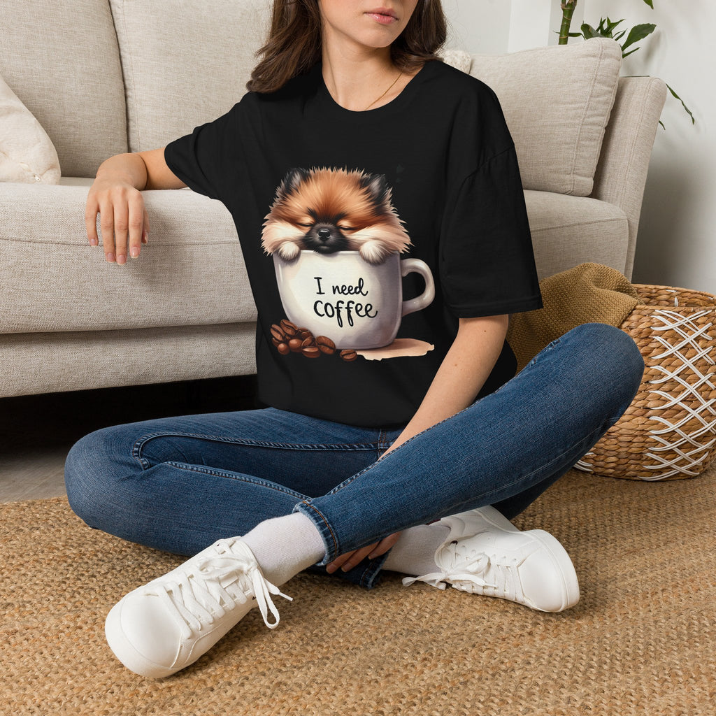 Cute Pomeranian in Coffee Mug T-Shirt | I Need Coffee, Dog Coffee Tee