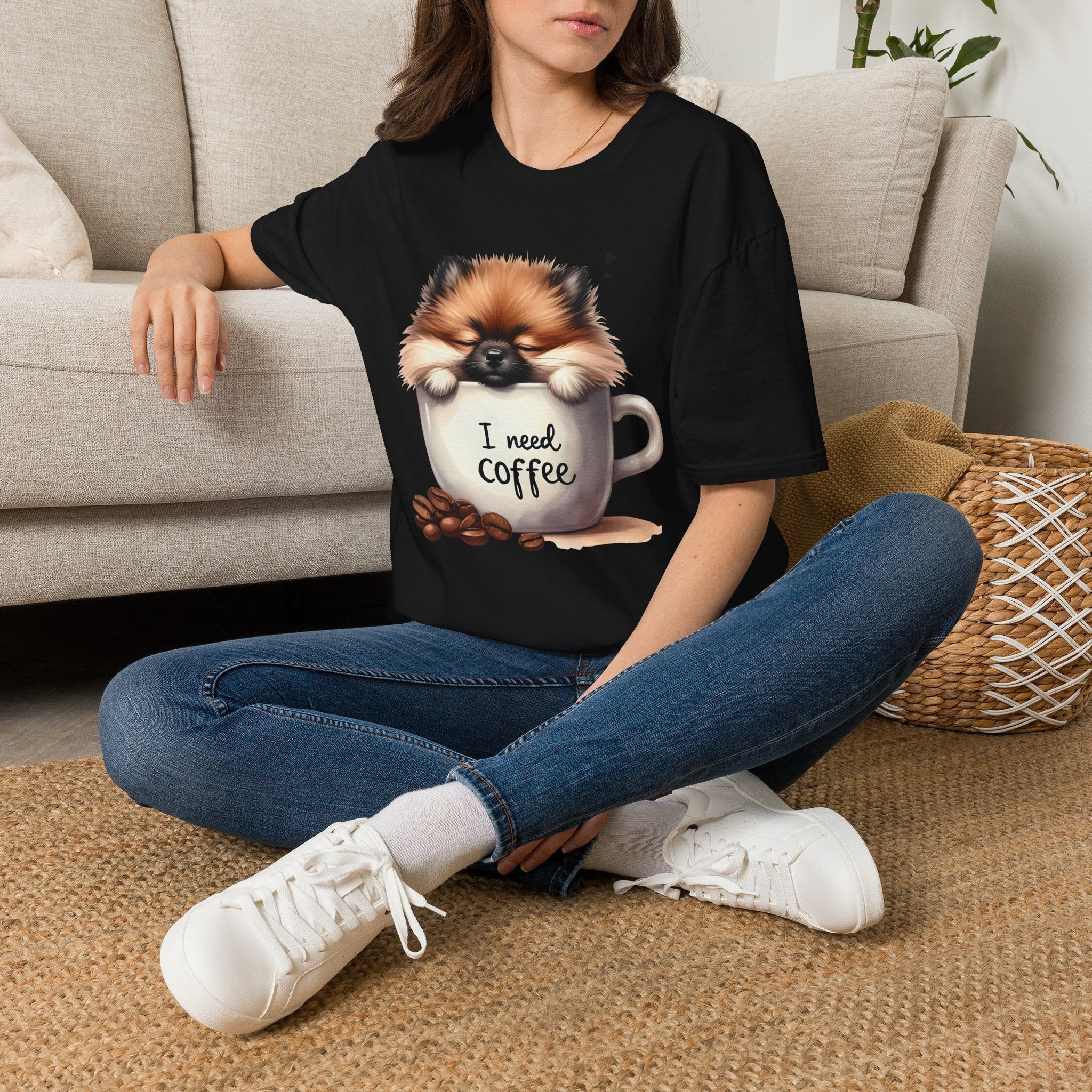 Cute Pomeranian in Coffee Mug T-Shirt | I Need Coffee, Dog Coffee Tee