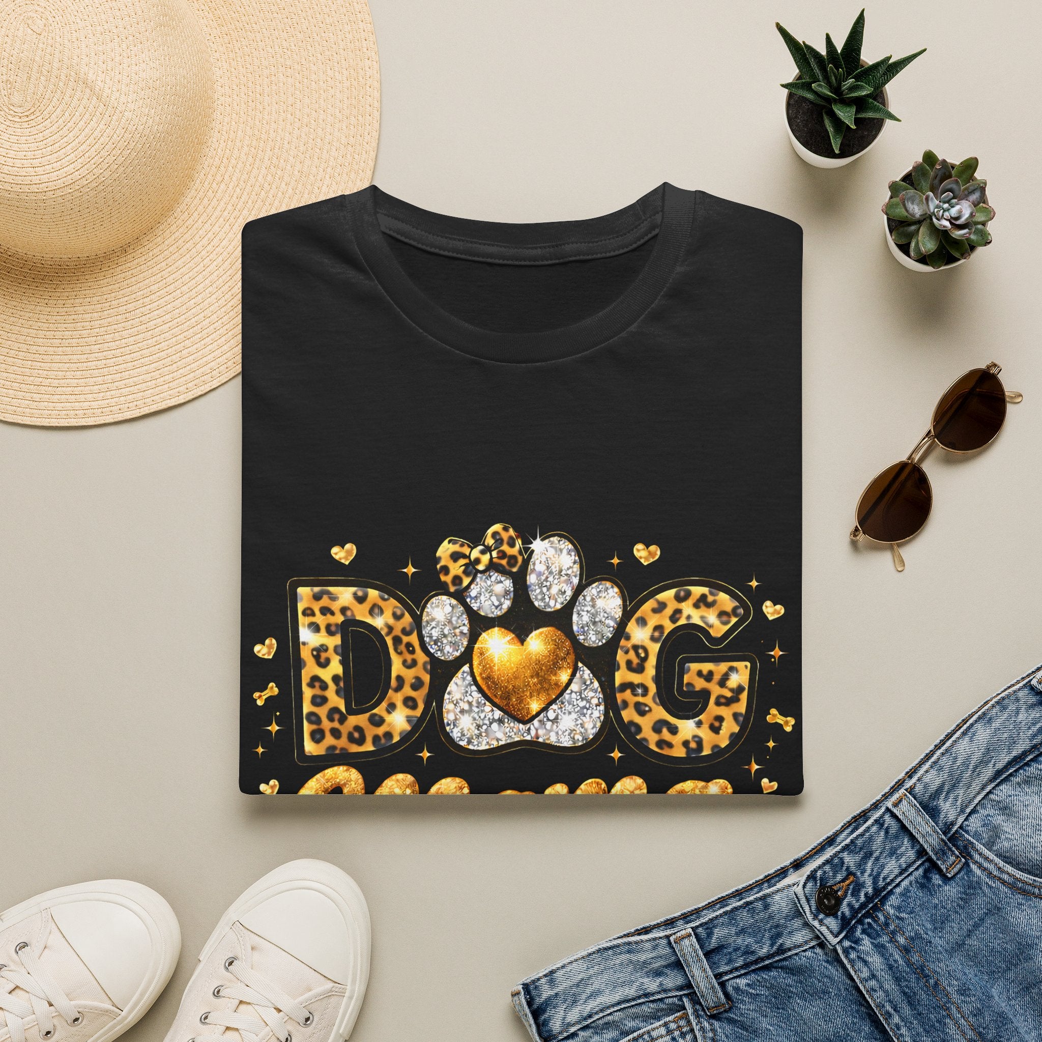 Dog Mama T-Shirt | Leopard Heart Paw Print, Gold Glitter Script