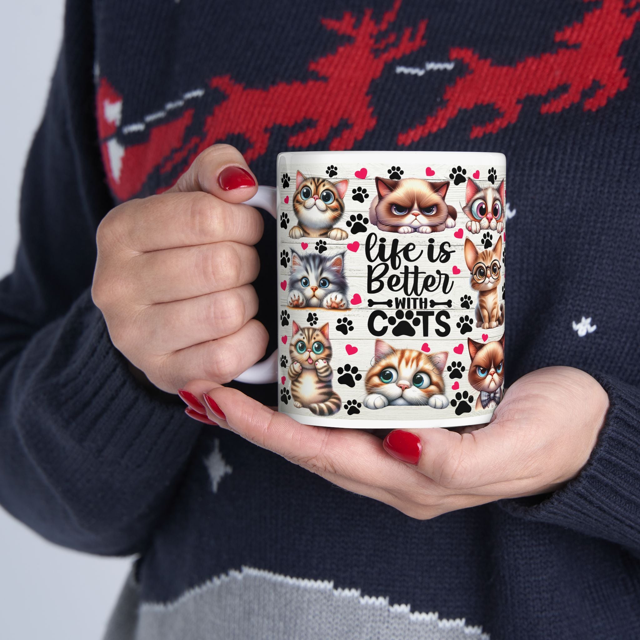 Cute Cartoon Cats Mug | Cute Cat Faces, Paw Prints Pattern Ceramic Mug