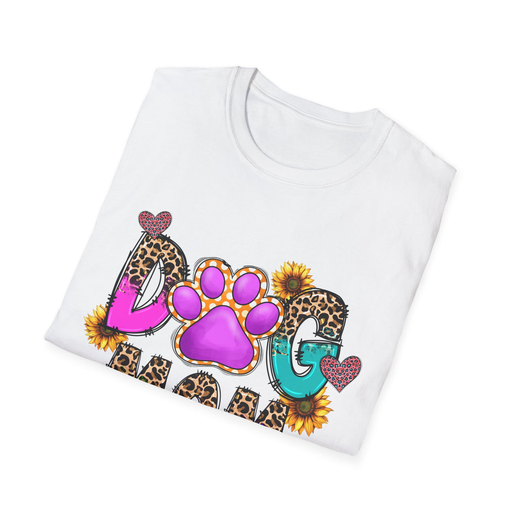 Dog Mom colorful paw print design T-Shirt | leopard hearts sunflower accents