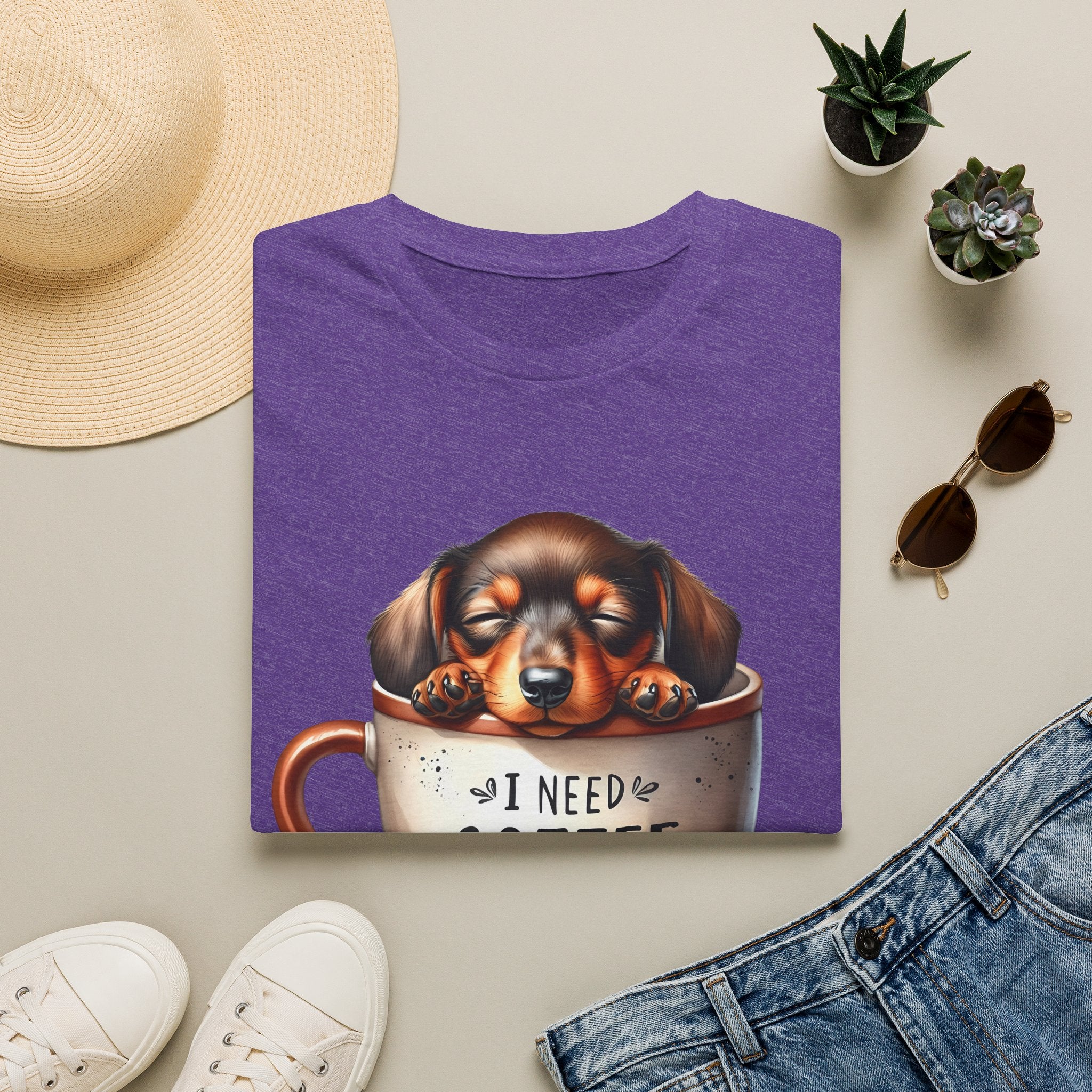Sleepy Dachshund in Coffee Cup T-Shirt | I Need Coffee, Coffee Beans