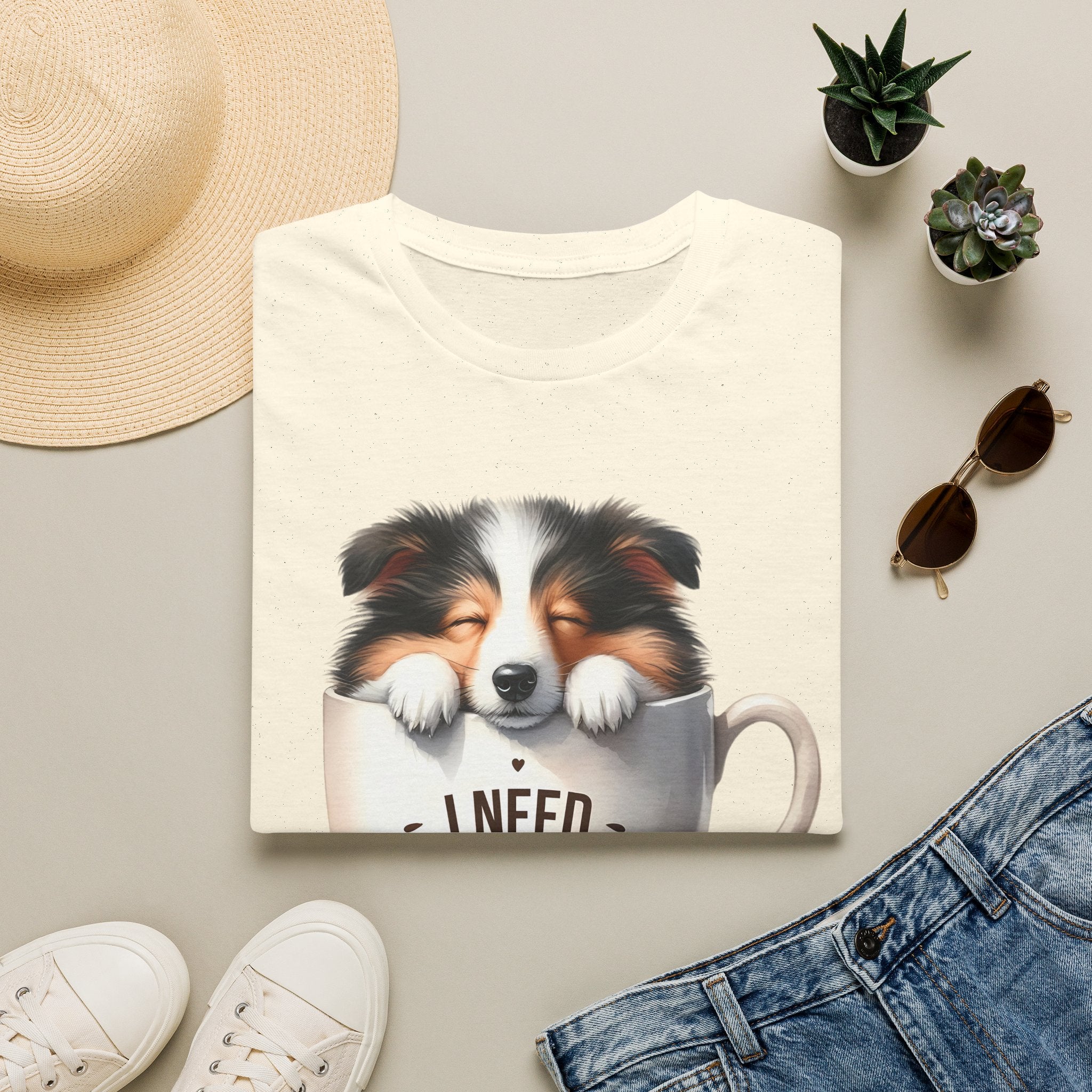 I Need Coffee Dog T-Shirt | Coffee Cup, Shetland Sheepdog Illustration