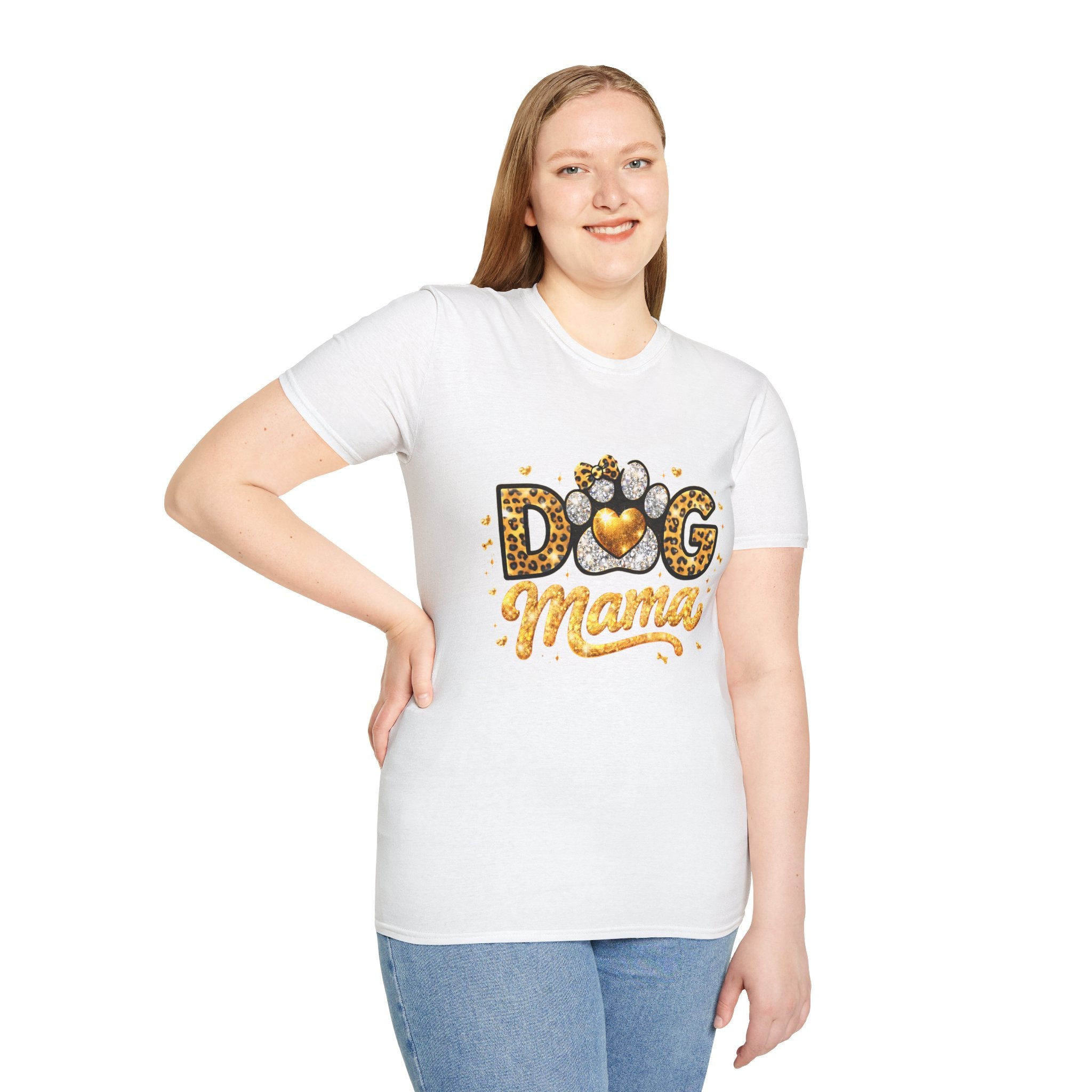 Dog Mama T-Shirt | Leopard Heart Paw Print, Gold Glitter Script