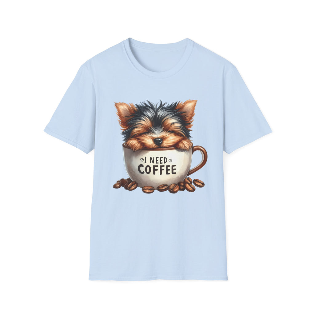 Cute Yorkie in Coffee Cup T-Shirt | I Need Coffee Puppy Graphic Tee