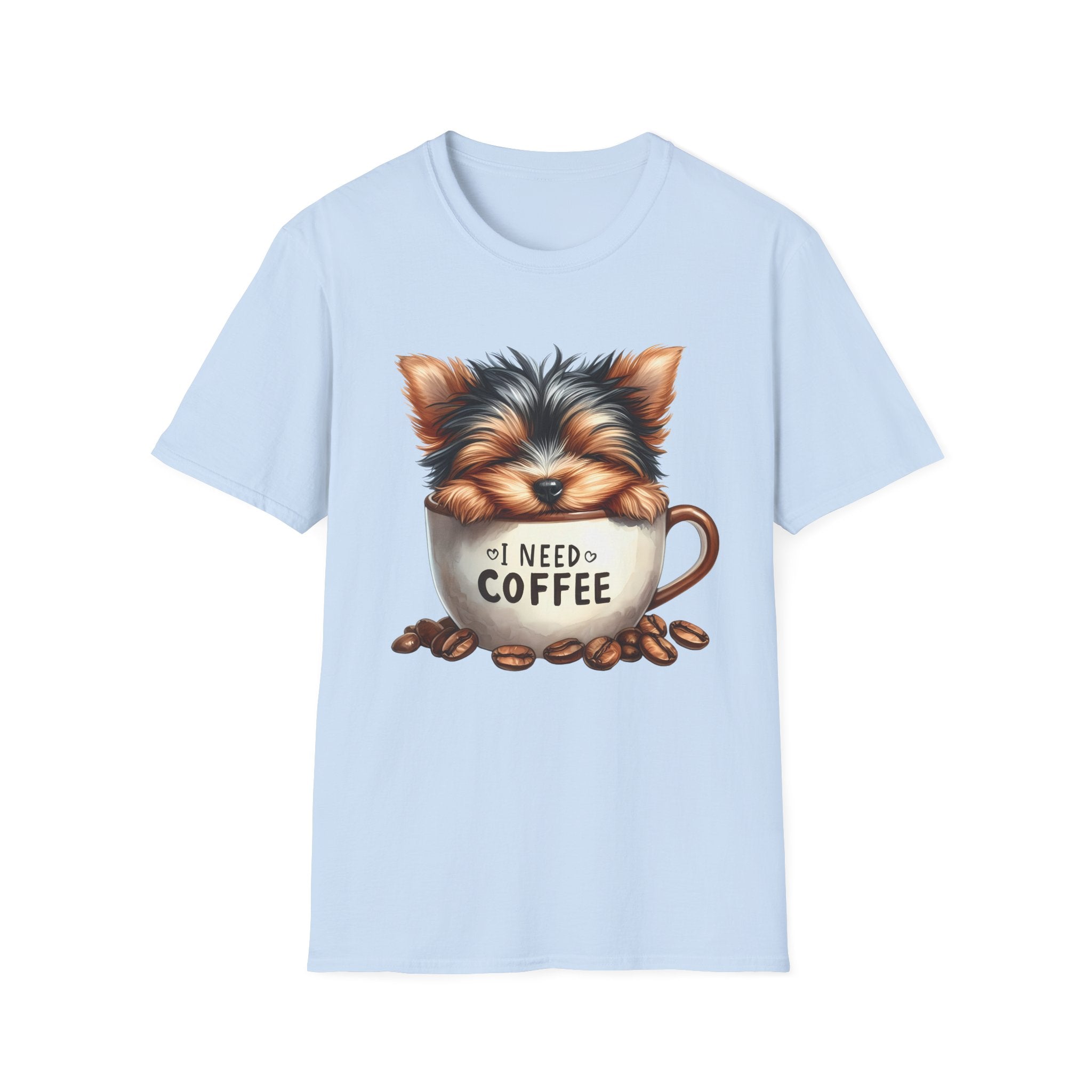 Cute Yorkie in Coffee Cup T-Shirt | I Need Coffee Puppy Graphic Tee