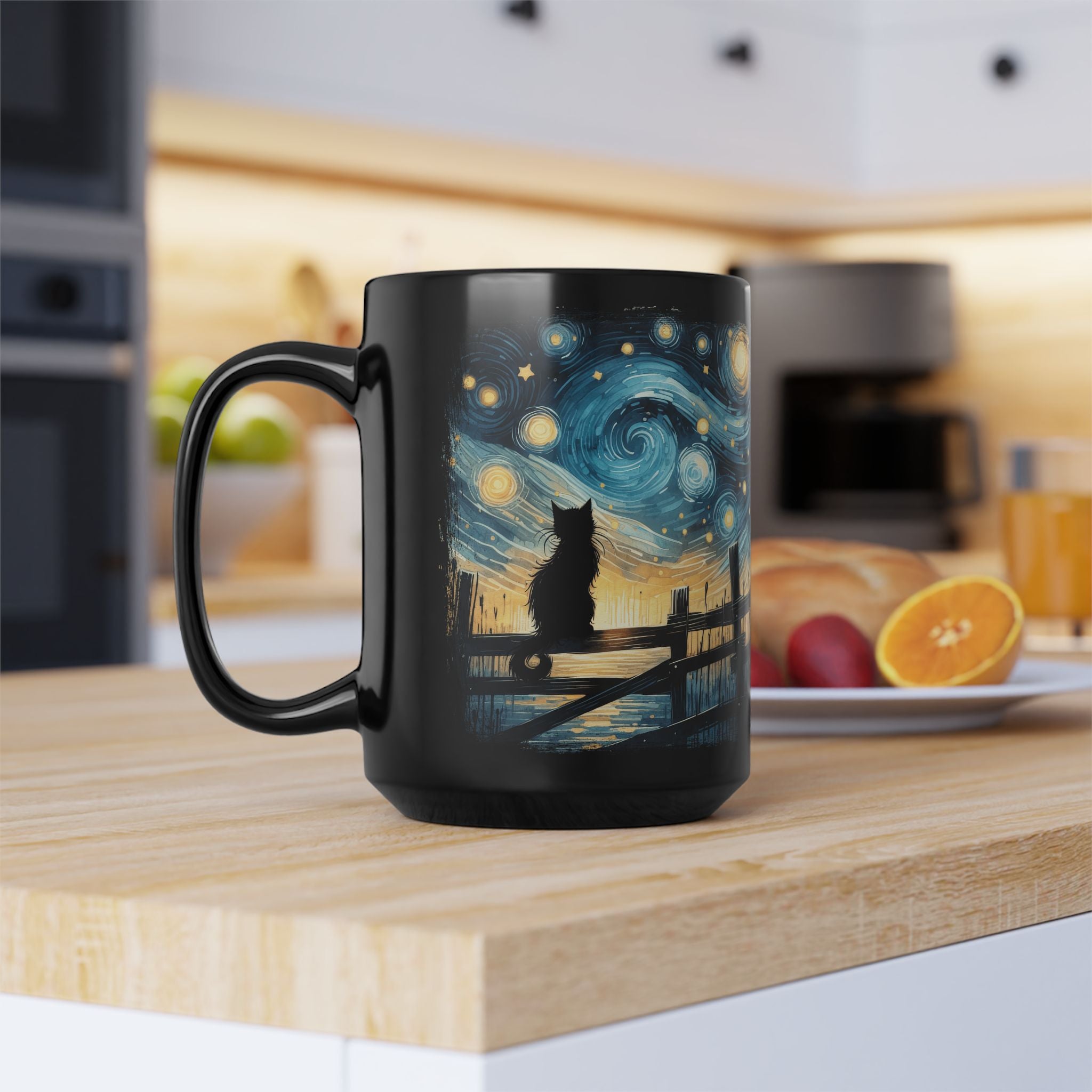 Starry Night Cat mug | Black Ceramic Coffee Cup