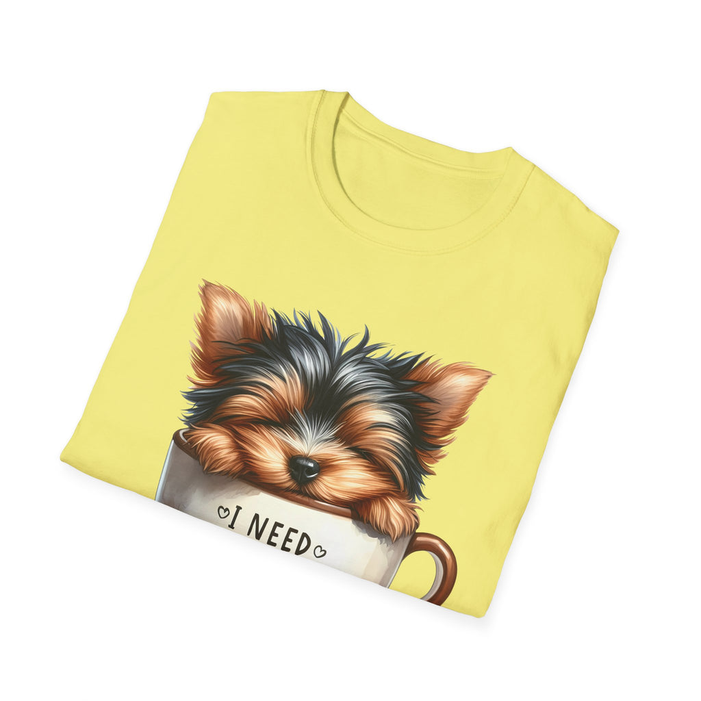 Cute Yorkie in Coffee Cup T-Shirt | I Need Coffee Puppy Graphic Tee