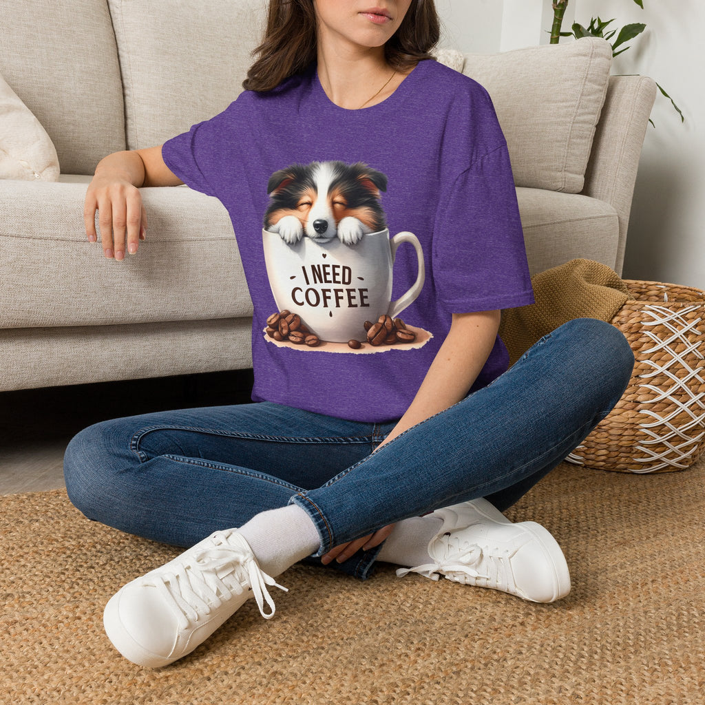 I Need Coffee Dog T-Shirt | Coffee Cup, Shetland Sheepdog Illustration