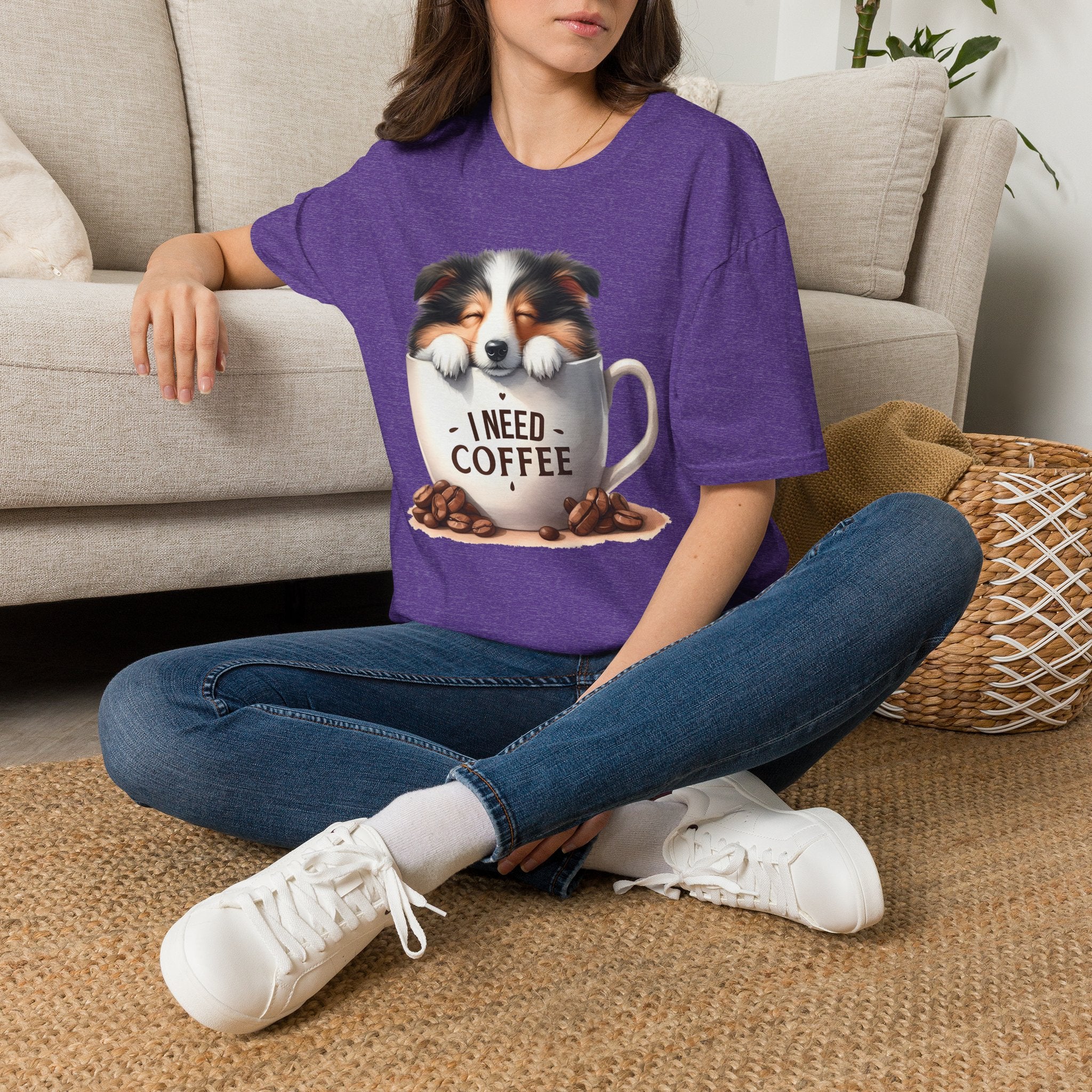 I Need Coffee Dog T-Shirt | Coffee Cup, Shetland Sheepdog Illustration