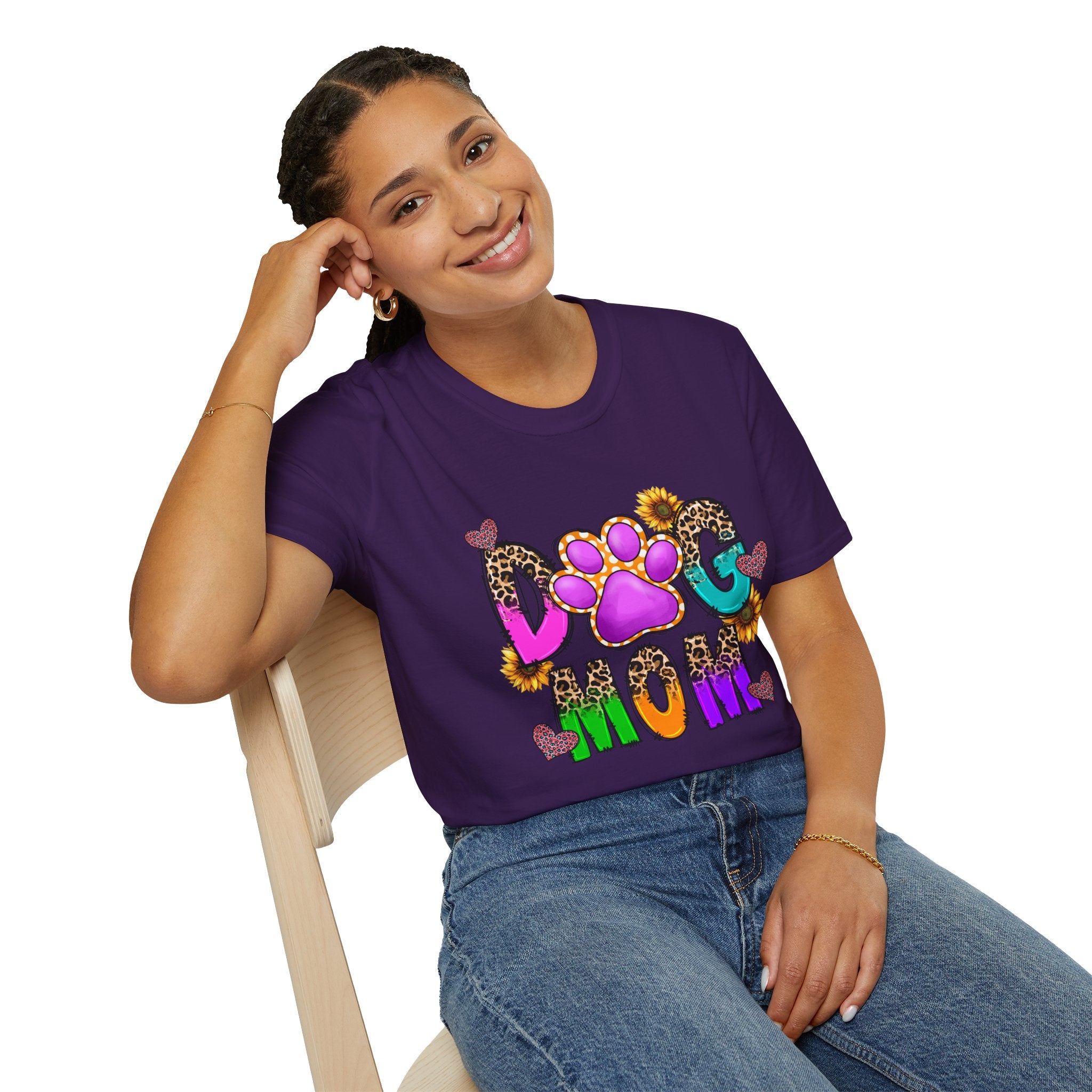 Dog Mom colorful paw print design T-Shirt | leopard hearts sunflower accents
