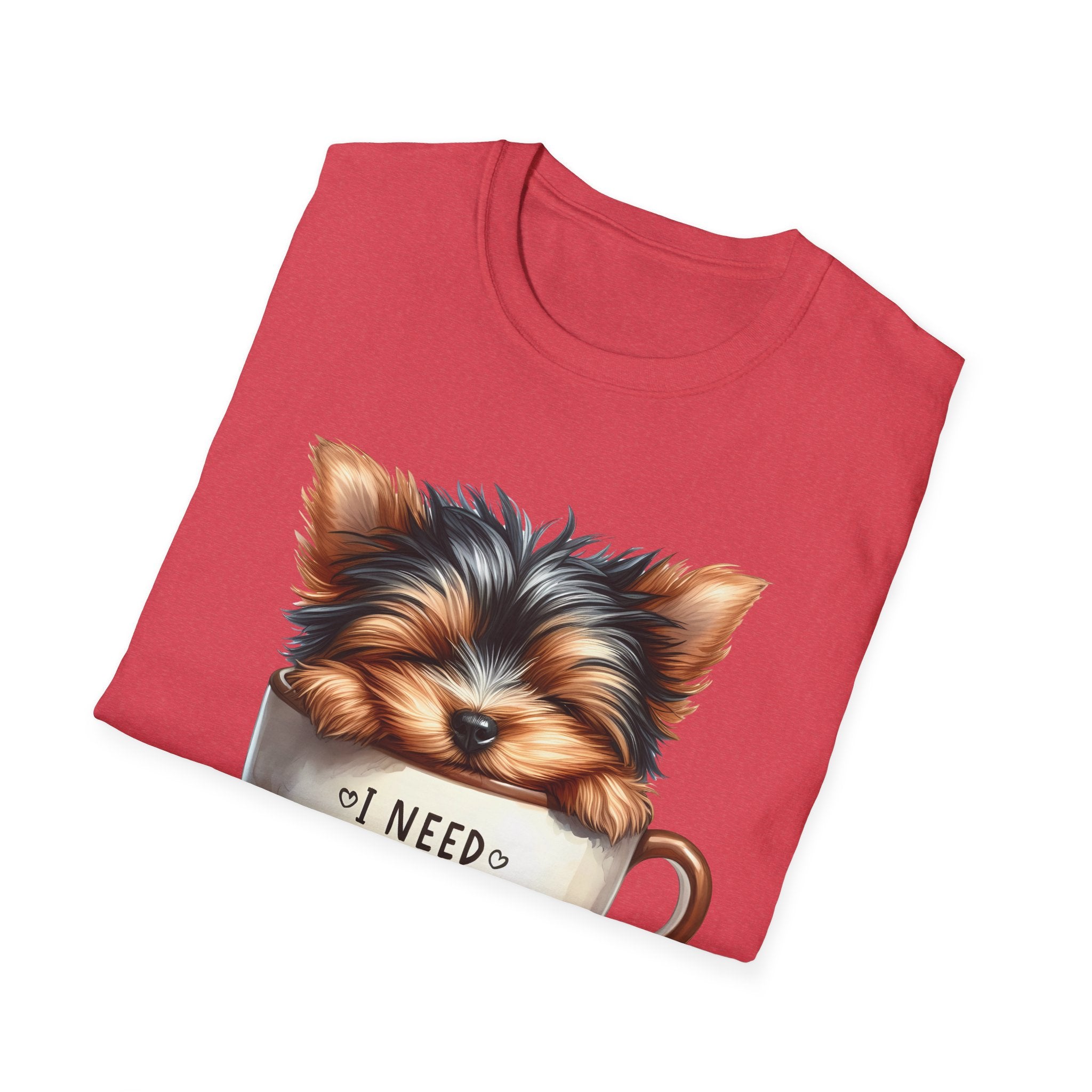 Cute Yorkie in Coffee Cup T-Shirt | I Need Coffee Puppy Graphic Tee