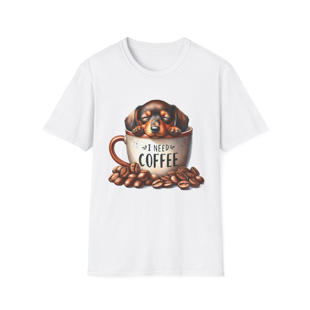 Sleepy Dachshund in Coffee Cup T-Shirt | I Need Coffee, Coffee Beans