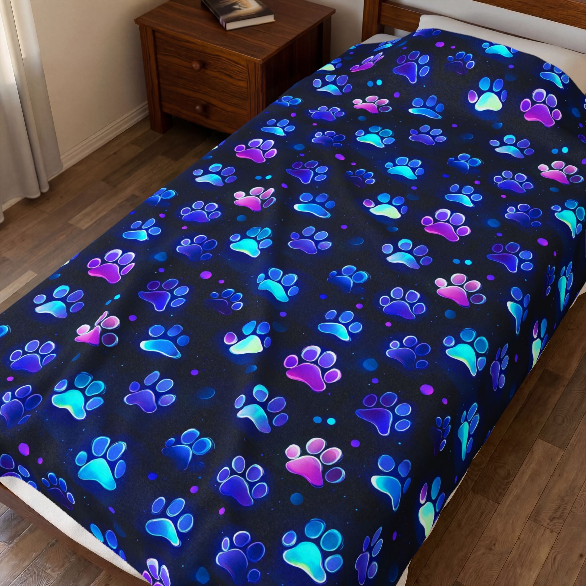Neon Paw Prints Velveteen Plush Blanket | Blue Purple Gradient Paw Pattern