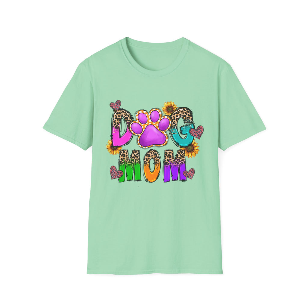 Dog Mom colorful paw print design T-Shirt | leopard hearts sunflower accents