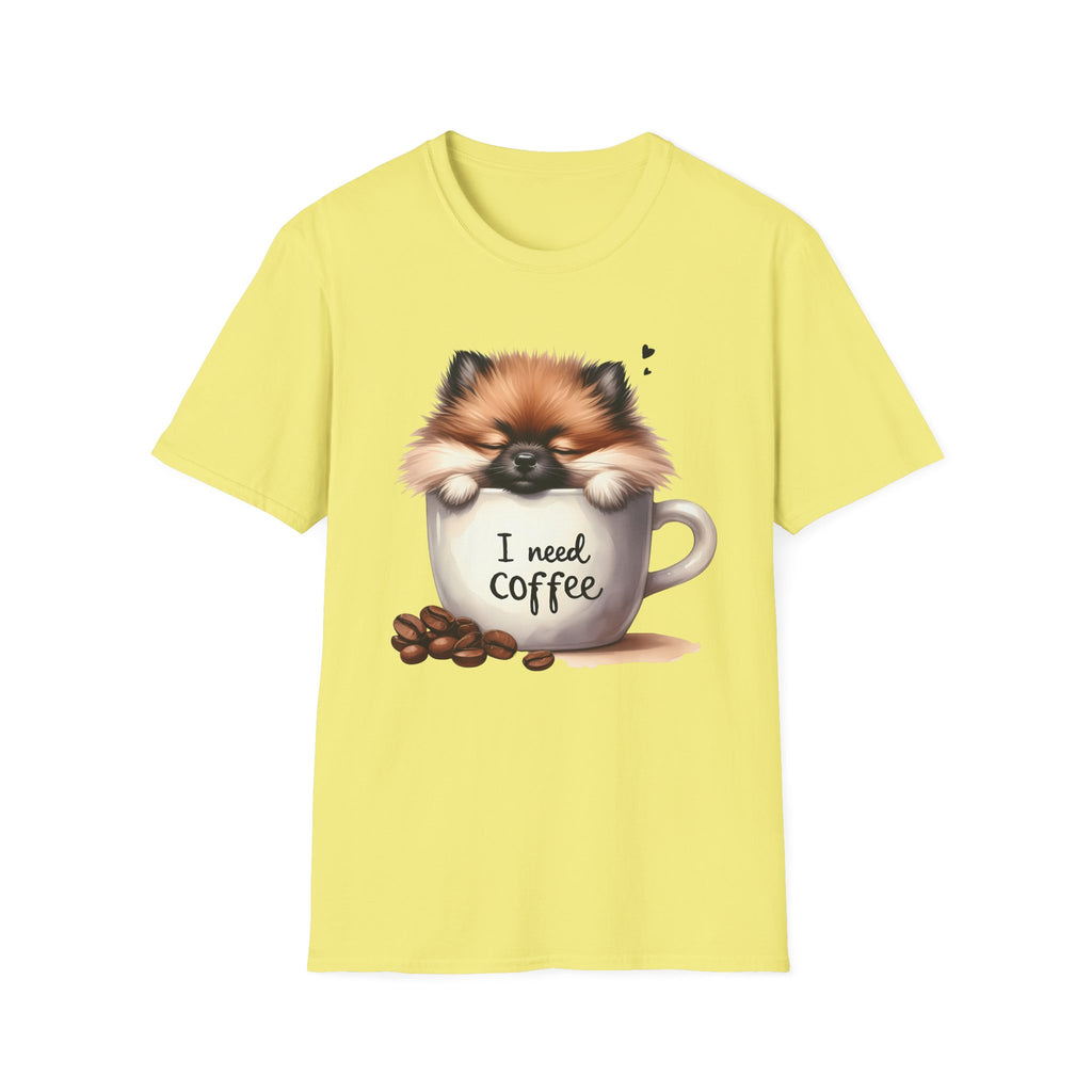 Cute Pomeranian in Coffee Mug T-Shirt | I Need Coffee, Dog Coffee Tee