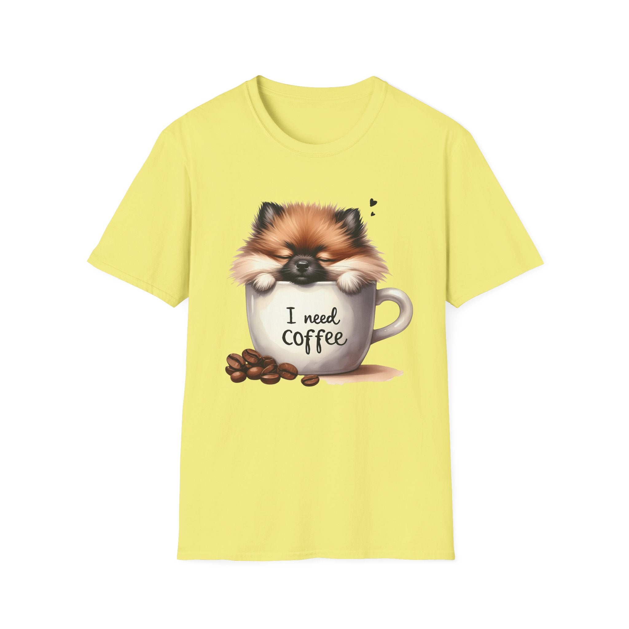 Cute Pomeranian in Coffee Mug T-Shirt | I Need Coffee, Dog Coffee Tee