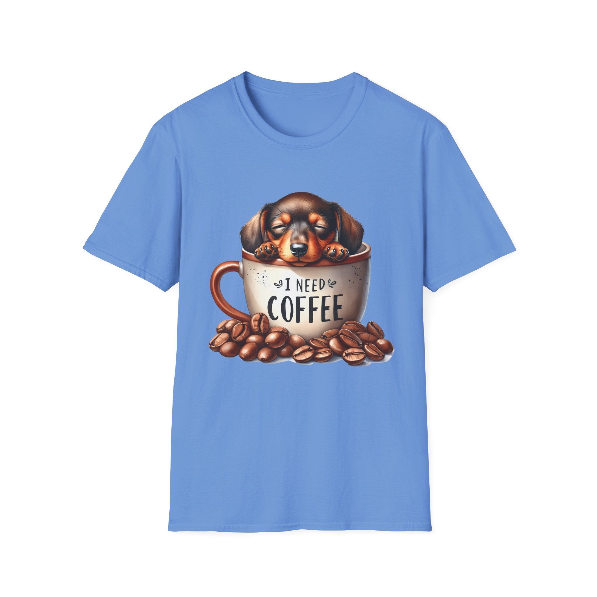 Sleepy Dachshund in Coffee Cup T-Shirt | I Need Coffee, Coffee Beans