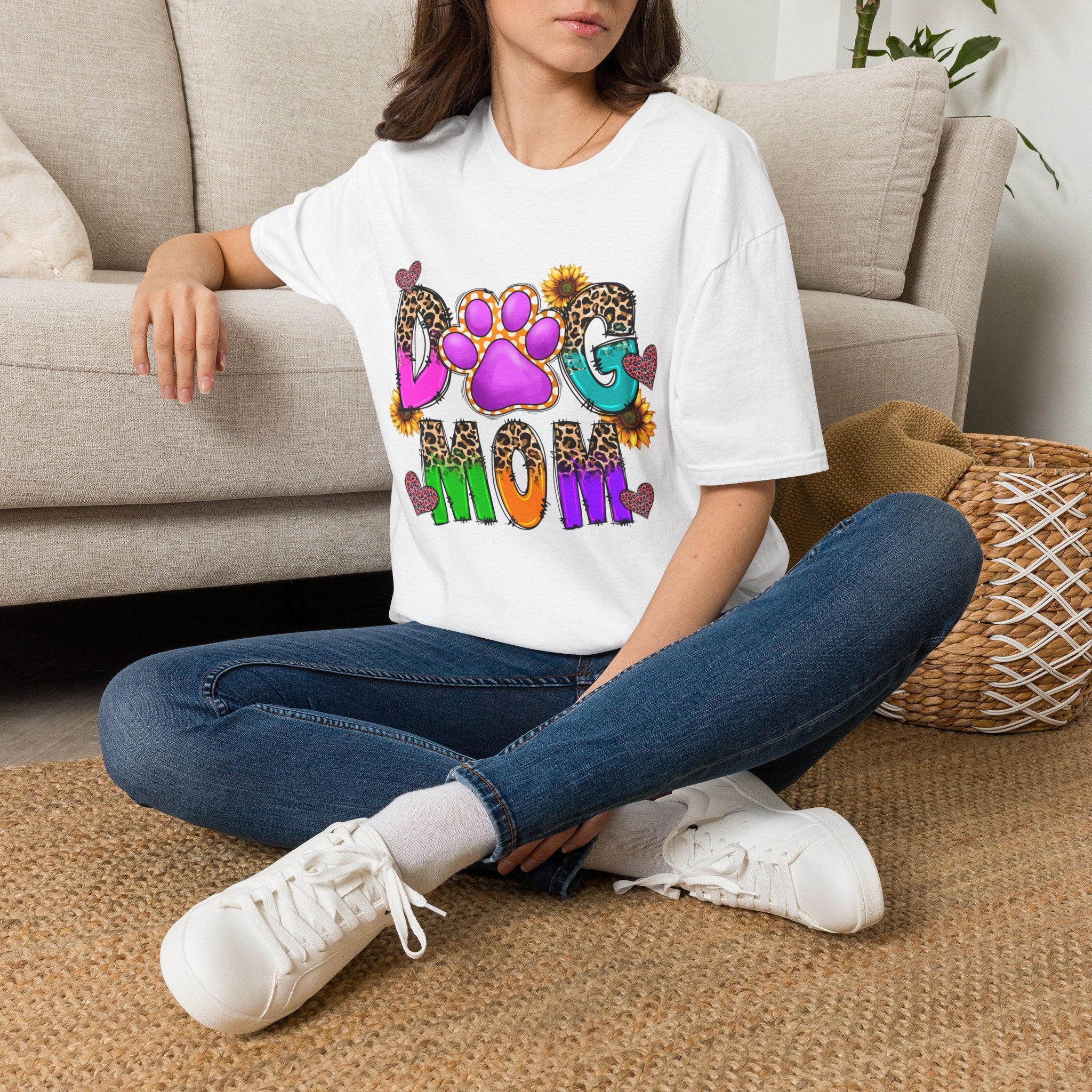 Dog Mom colorful paw print design T-Shirt | leopard hearts sunflower accents