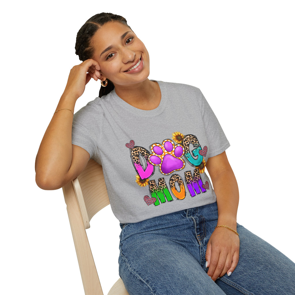 Dog Mom colorful paw print design T-Shirt | leopard hearts sunflower accents
