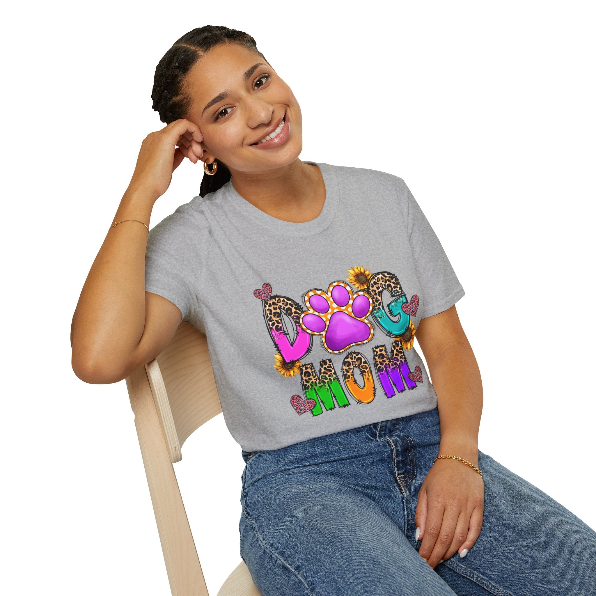 Dog Mom colorful paw print design T-Shirt | leopard hearts sunflower accents