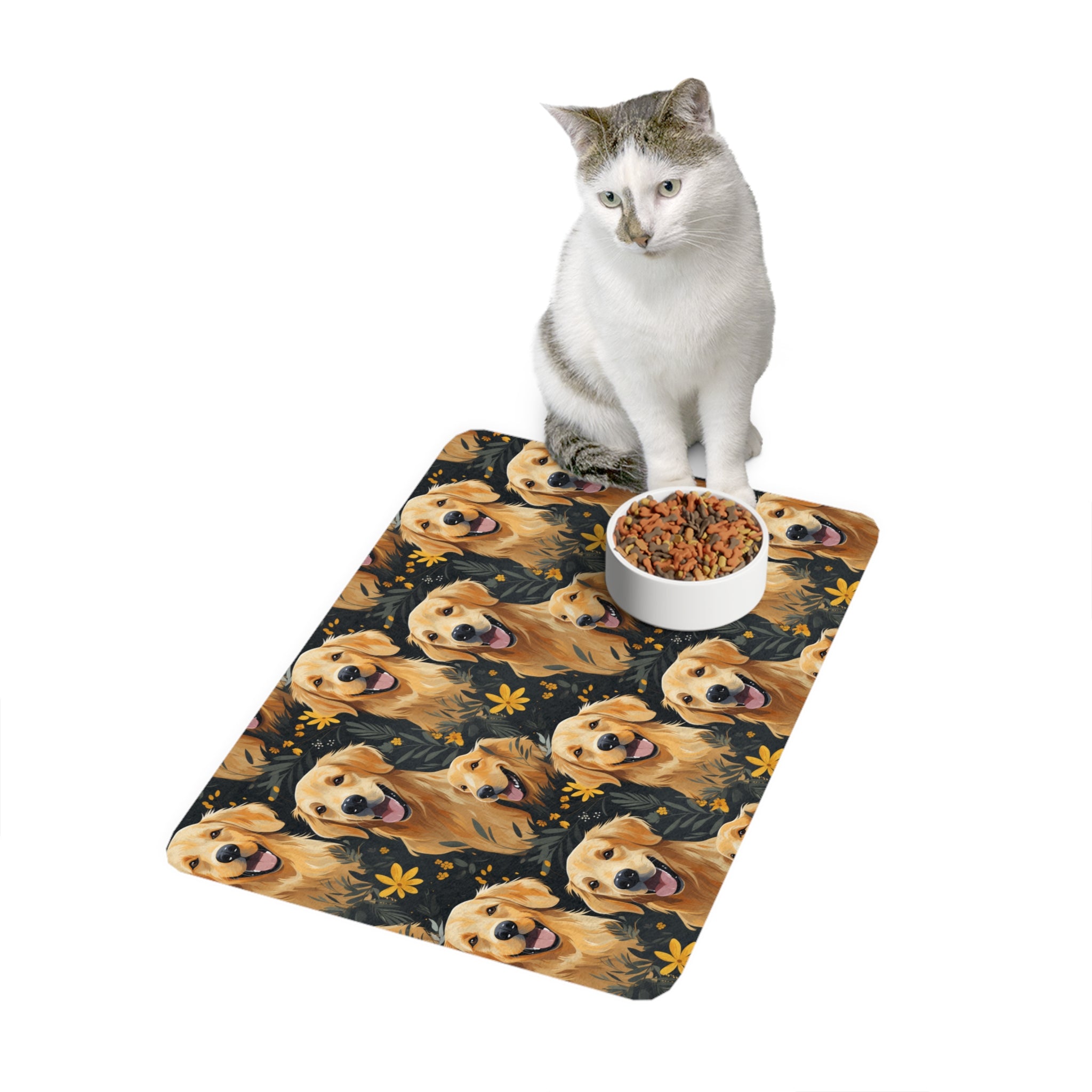 Golden Retriever Pattern Pet Food Mat | Dog Bowl Placemat, Waterproof 12x18