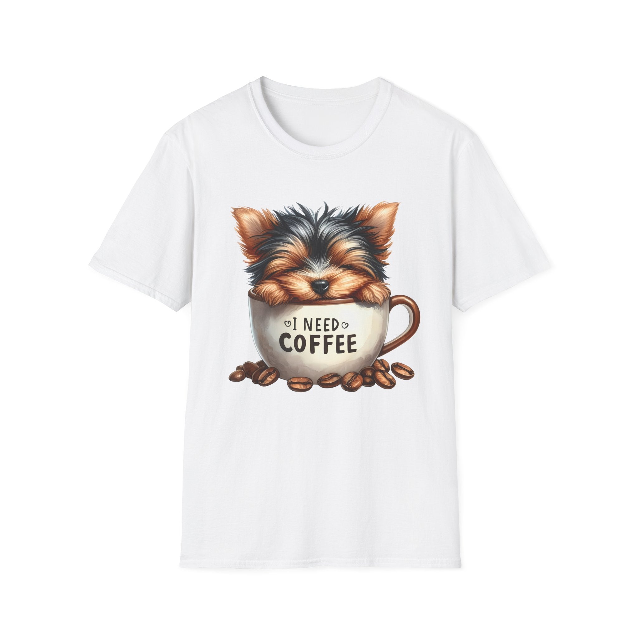 Cute Yorkie in Coffee Cup T-Shirt | I Need Coffee Puppy Graphic Tee