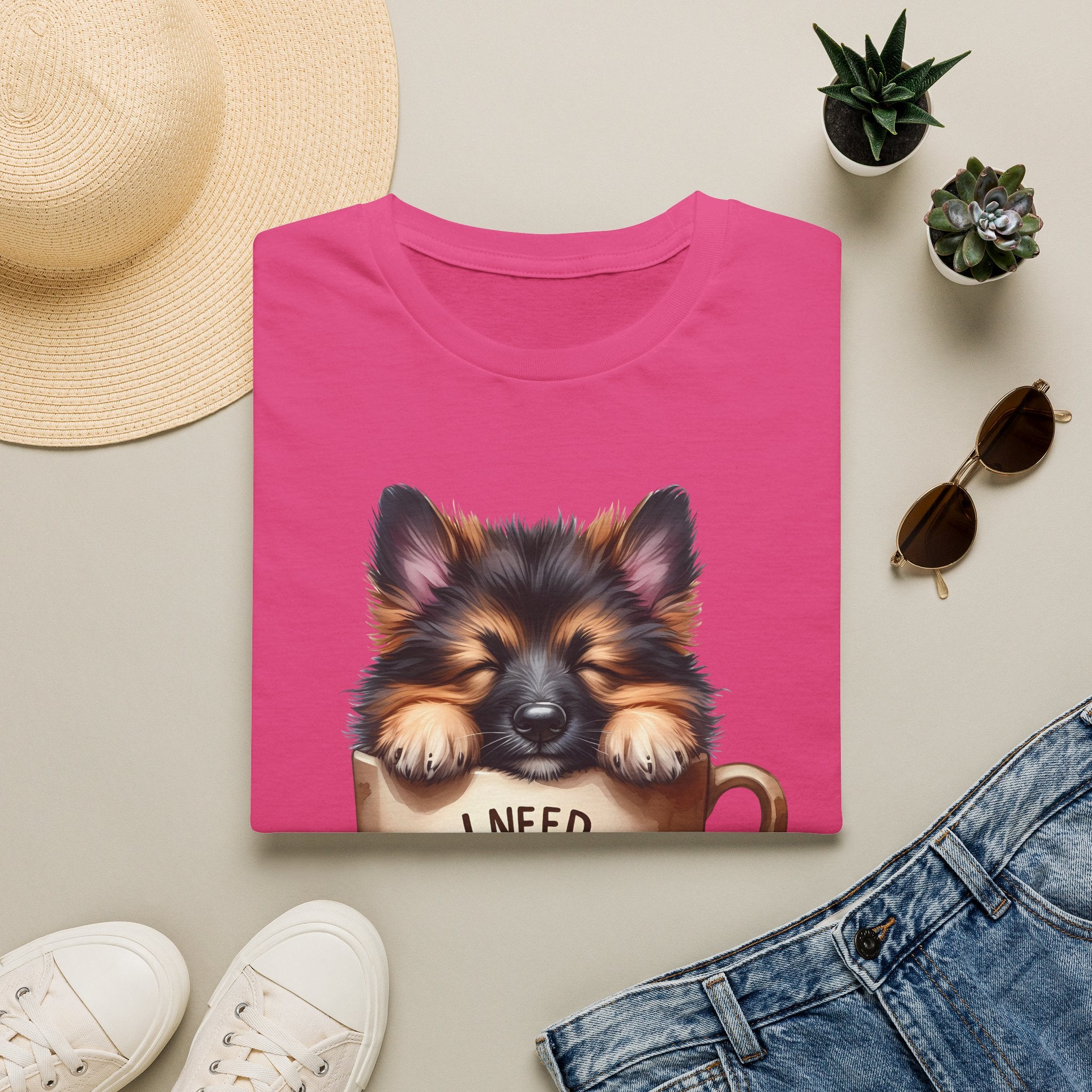 German Shepherd Puppy I Need Coffee T-Shirt | Cute Dog Coffee Design