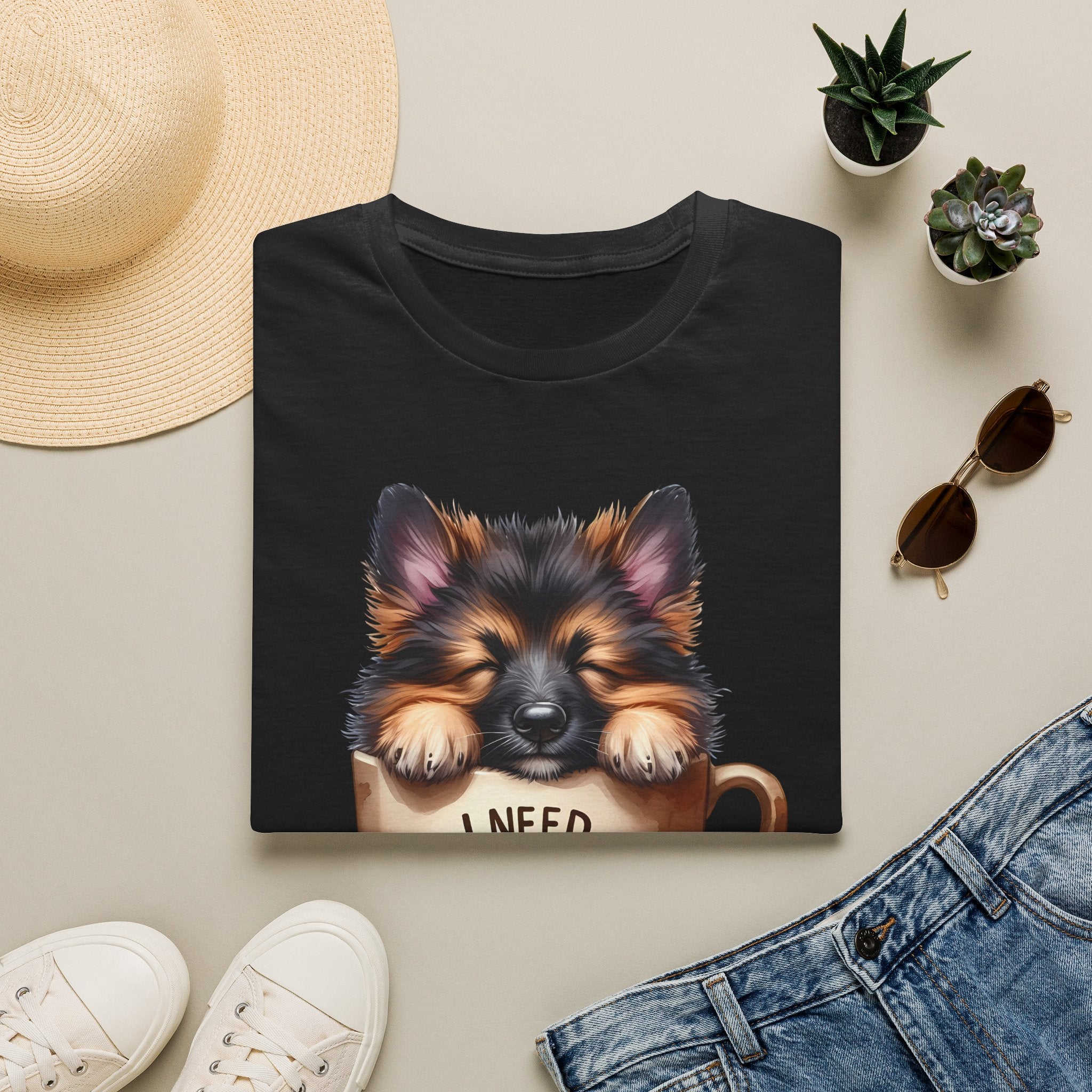 German Shepherd Puppy I Need Coffee T-Shirt | Cute Dog Coffee Design