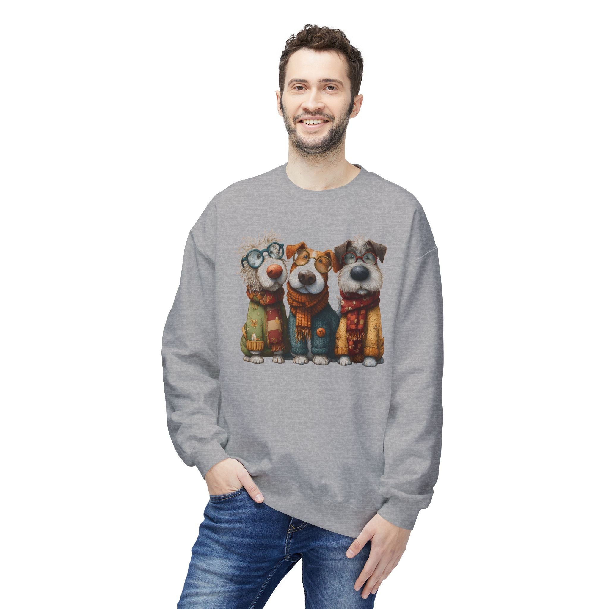 Three Cartoon Dogs in Scarves Sweatshirt | Cute Winter Pup Trio