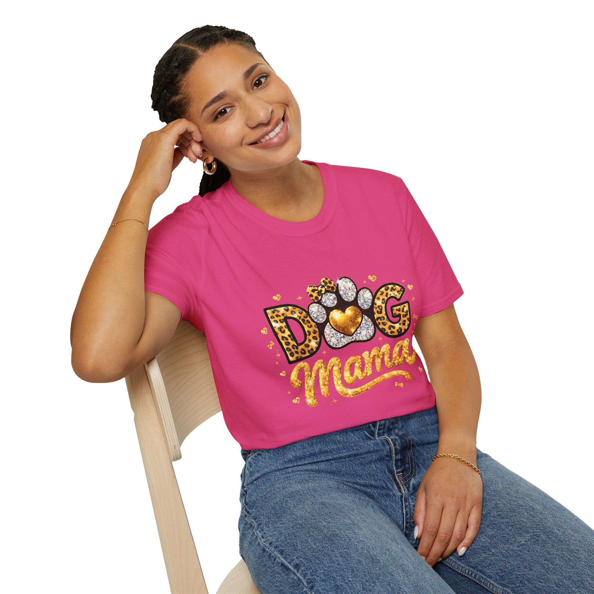 Dog Mama T-Shirt | Leopard Heart Paw Print, Gold Glitter Script