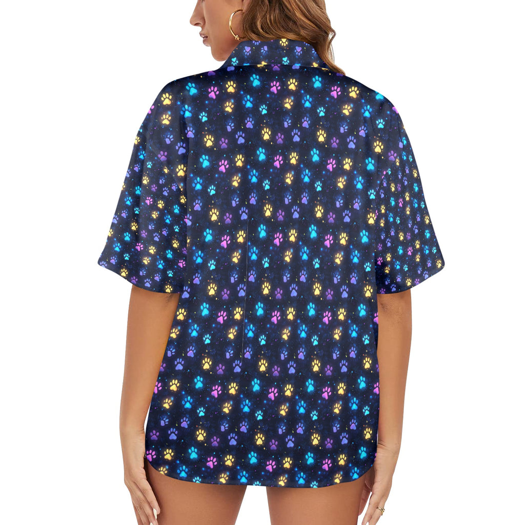 Neon Paw Prints Women's All Over Print Hawaiian Shirt （Made in USA) Free Shipping