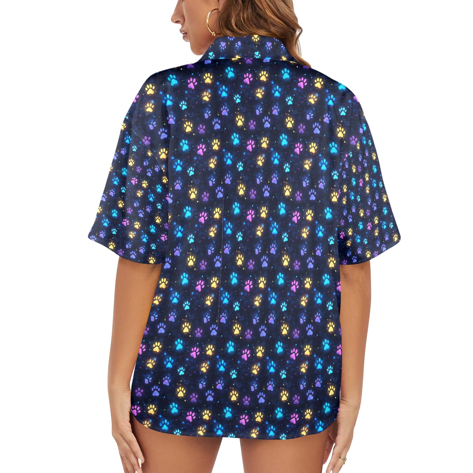 Neon Paw Prints Women's All Over Print Hawaiian Shirt （Made in USA) Free Shipping